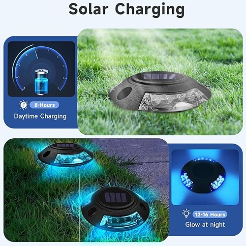 Miniatura 3 de Rimoody Paquete de 12 luces solares para entrada de vehículos, 2 modos de color, luces de muelle para exteriores, impermeables, LED, luces solares