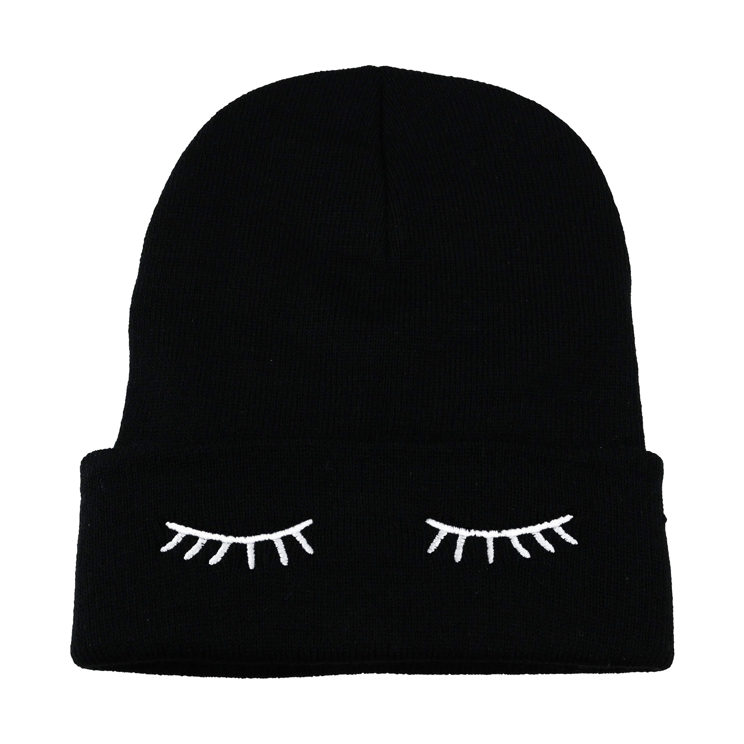 No1 Gifts Women's Black Sleepy Eyes Sleeping Closed Eyelashes Beanie Hat (Black)