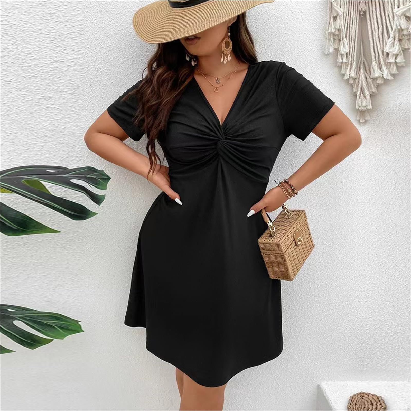 Vestidos de Camiseta de Cuello V de Manga Corta Casual de Gran Tamaño para Mujeres Vestidos de Mujer de Gran Tamaño en Verano, HUTALIM, Marrón oscuro, XL