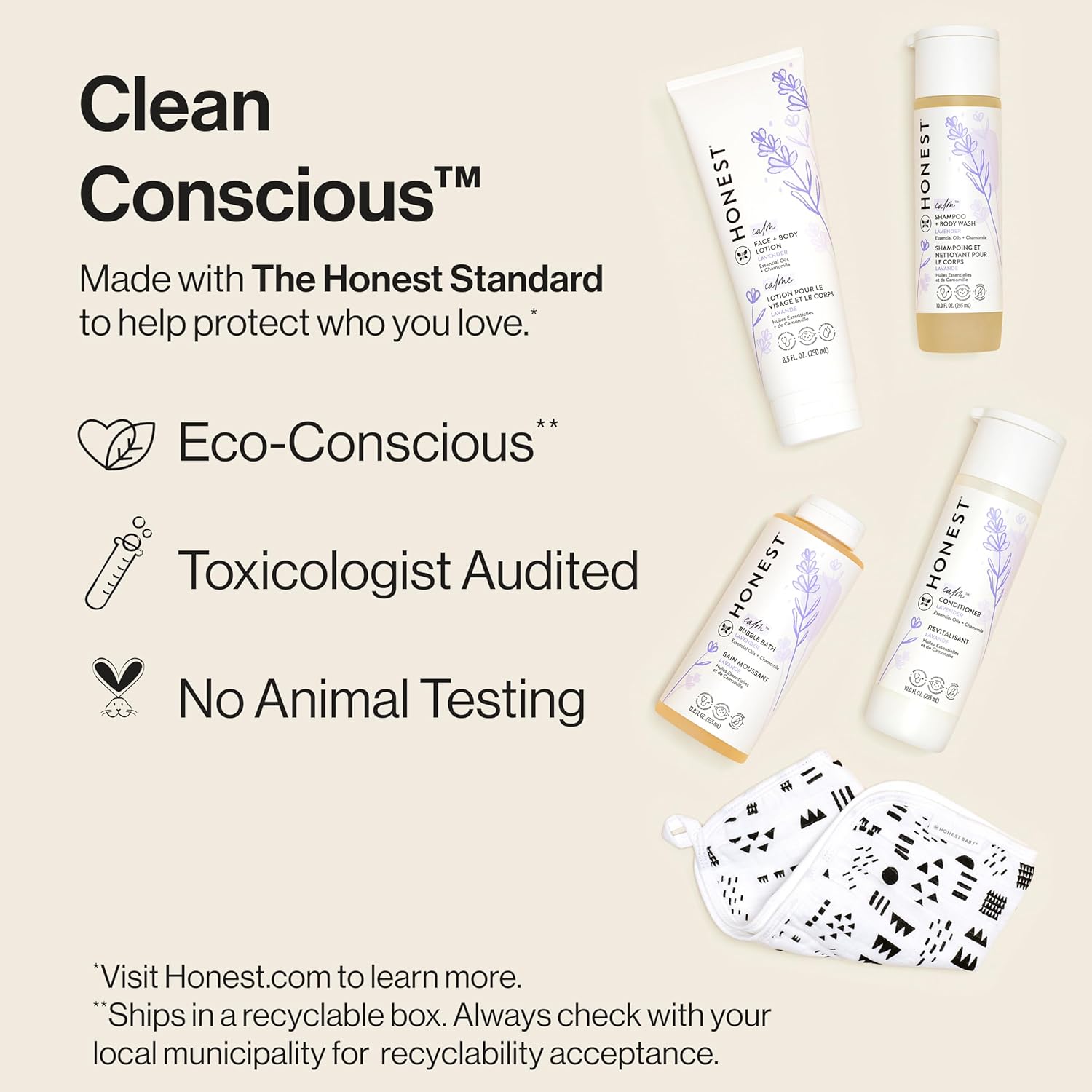 The Honest Company Calming Lavender Bathtime Gift Set Hypoallergenic Bath Essentials for Sensitive Baby Skin Shampoo and Body Wash Face Lotion Bubble Conditioner Cloth