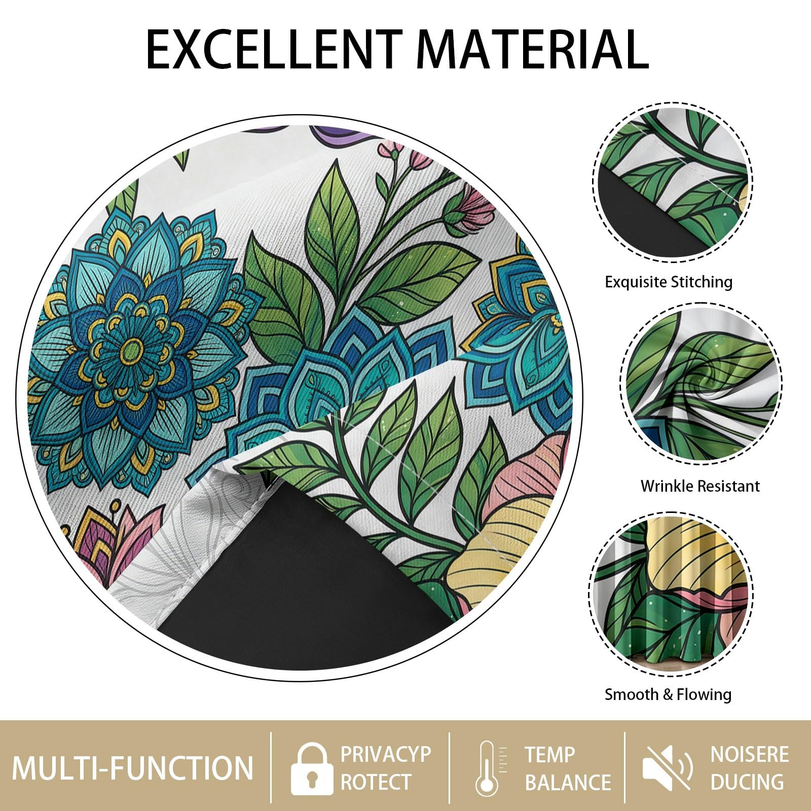 Generisch Modern Boho Verdunkelungsvorhänge Schlafzimmer 2er Set, Mandala Blumen Grüne Blätter Blickdicht Bedruckte Ösen Gardinen, Thermo Vorhänge für Schlafzimmer Kinderzimmer, H 245 x B 100 cm
