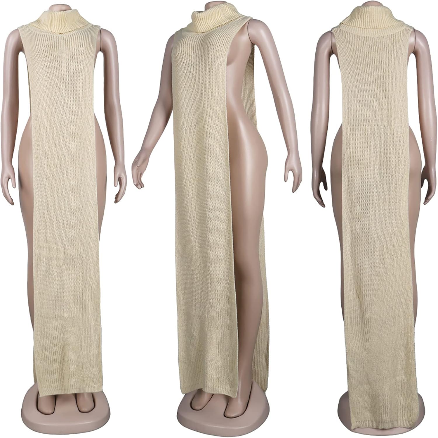 Women Sexy Knitted Turtleneck Side Split Sleeveless Sweater Dress Long Maxi Dresses Pullover Top - Image 6