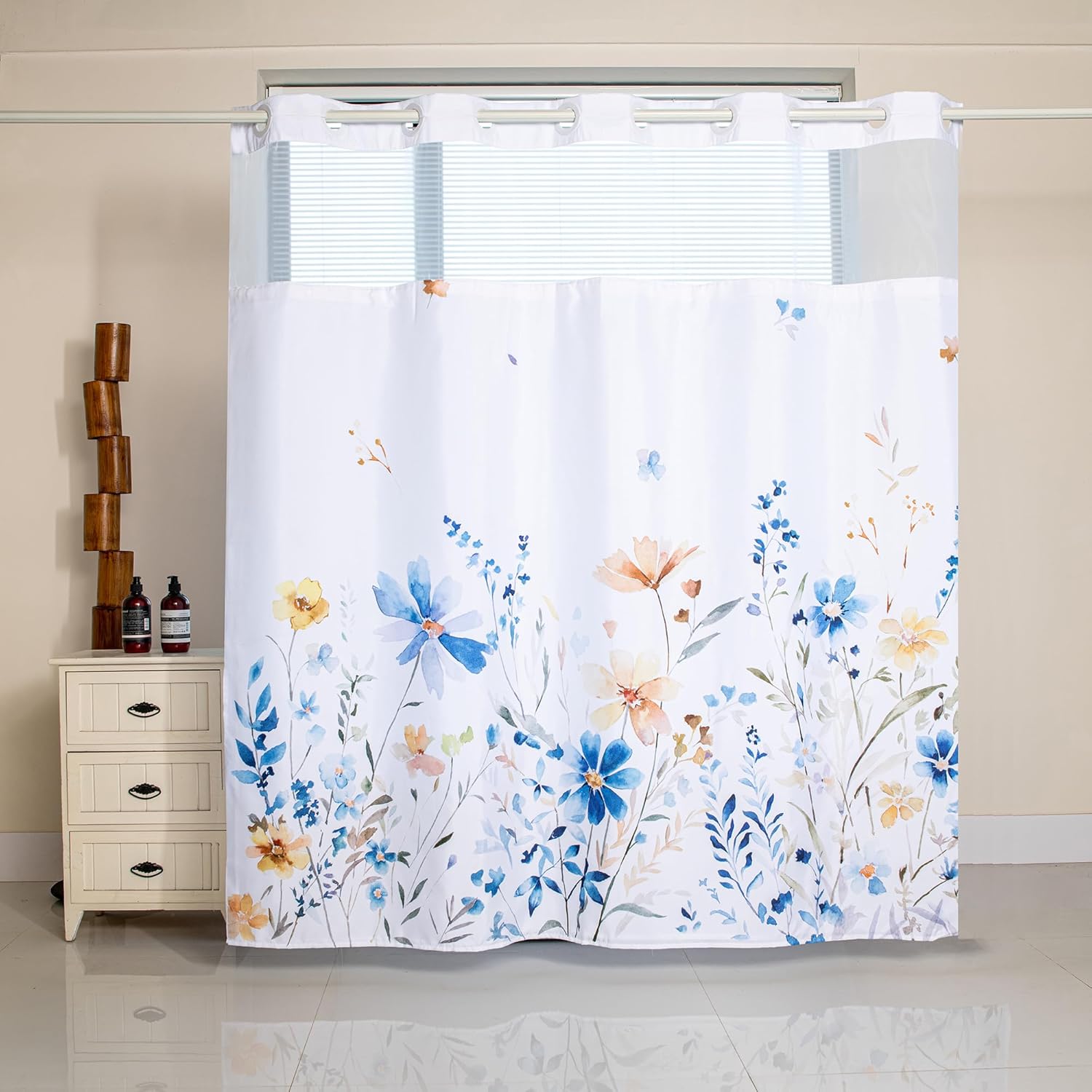 No Hook Shower Curtain Set with Snap in Liner (Blue, 72" x72, Floral) Polyester, Waterproof, Washable, Modern Hotel Style Shower Curtain with See Through Top Window—Allows Natural Lights.