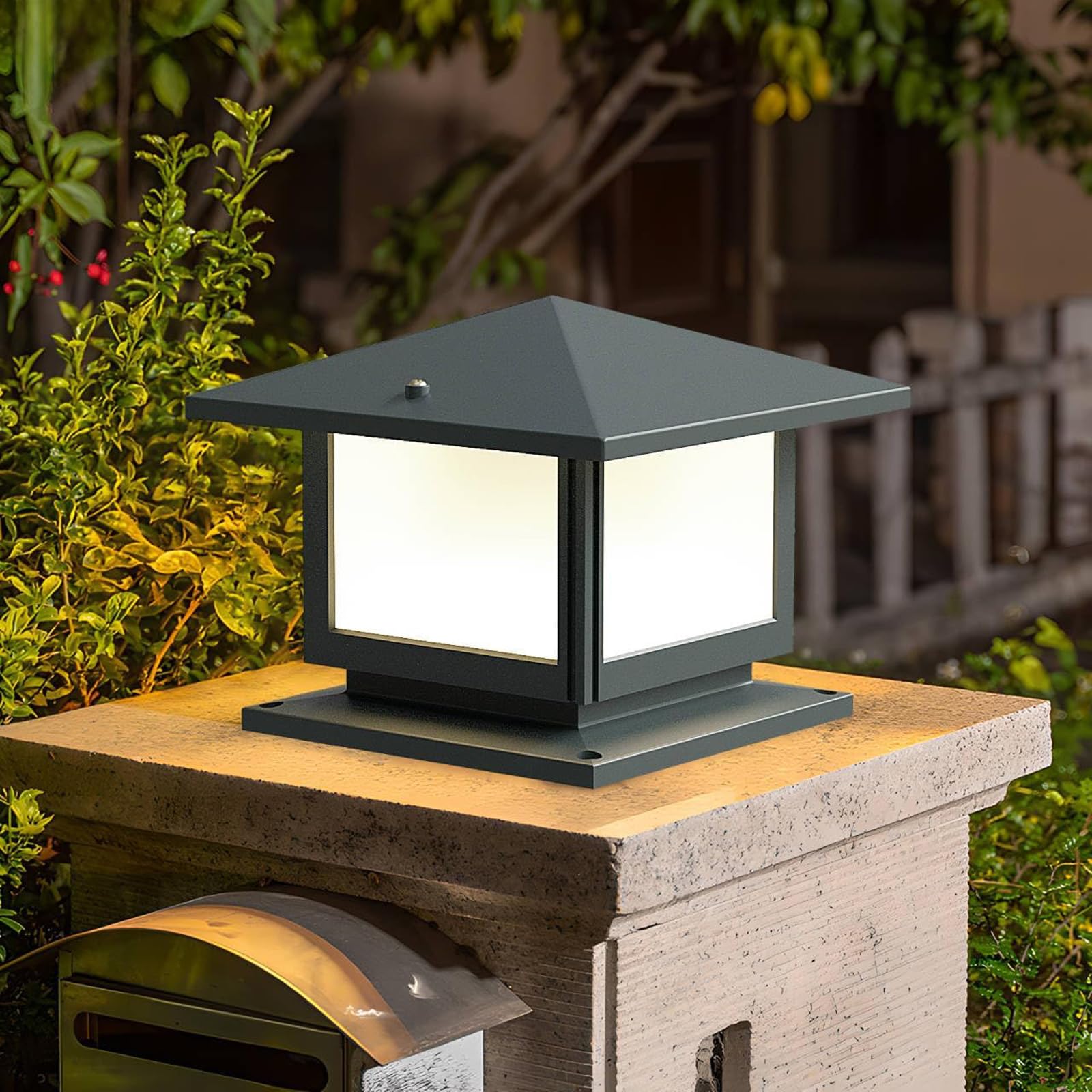 Farola Exterior Jardín E27 12W, Lámpara Sobremuro Exterior de Aluminio IP45, 3000K/4500K/6000K, Baliza Cuadrada para Muro, Pilar, Camino, Terraza y Patio, Gris