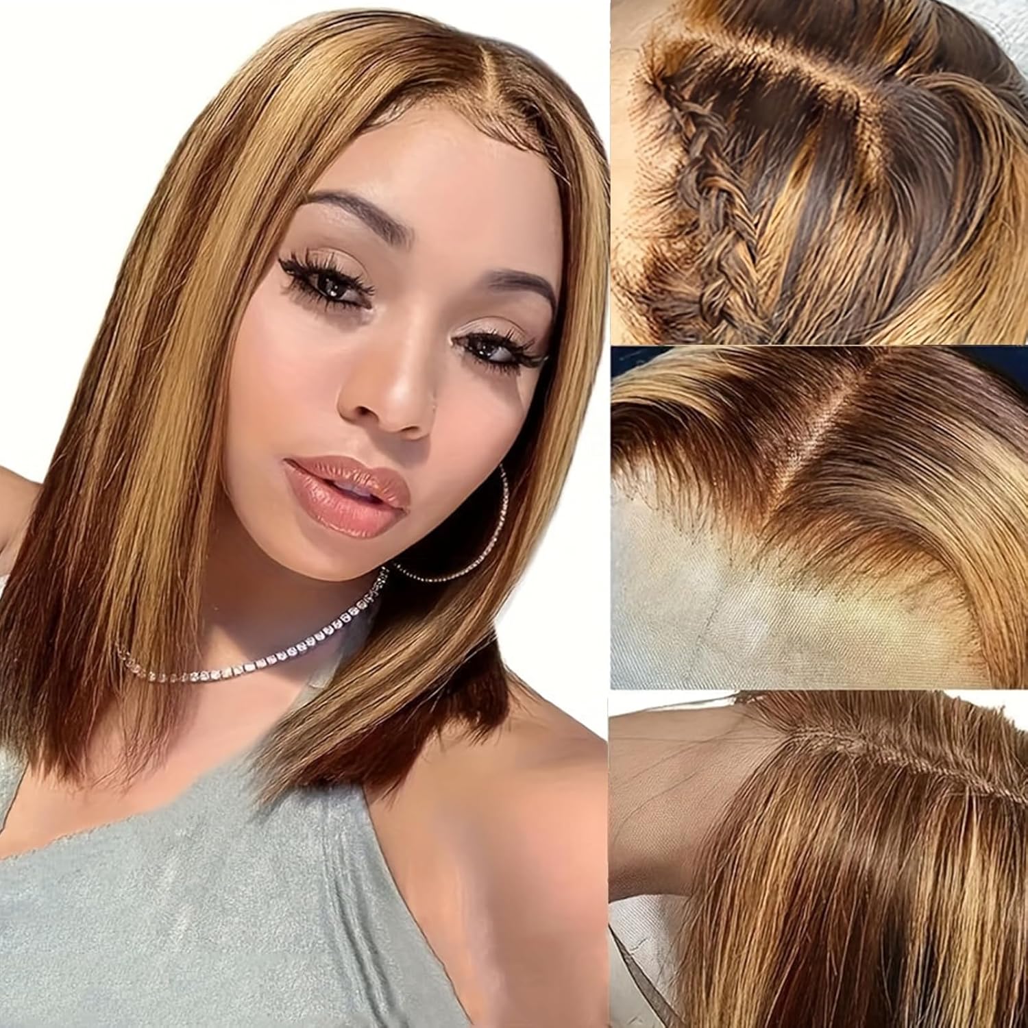Highlight Bob Wig Human Hair 13x4 HD Lace Front Wigs Human Hair 4/27 Honey Blonde Bob Wigs Glueless Ombre Honey Blonde Bob Lace Frontal Wig Pre Plucked with Baby Hair for Black Women 8inch