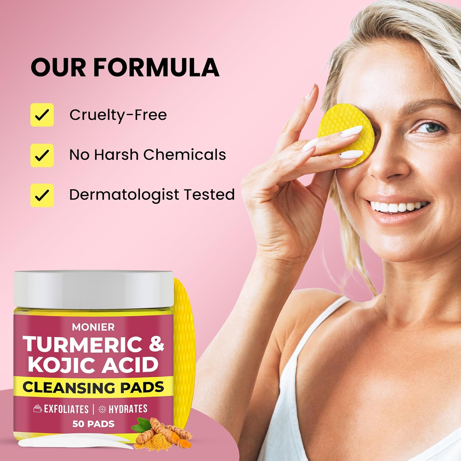 Turmeric Kojic Acid Cleansing Pads for Face Dark Spots - Hydrates & Plumps Skin - With Vitamin C & E - Sensitive Skin Friendly (50 Pads) - Image 8