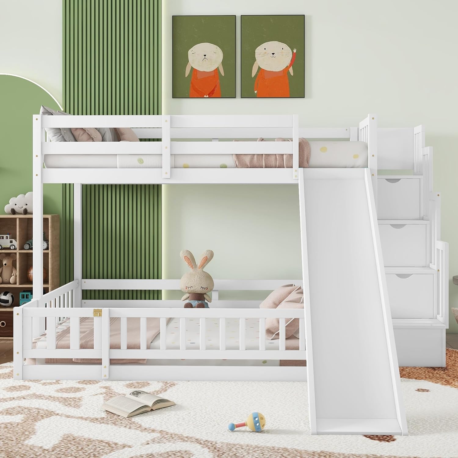 Twin Over Full Bunk Beds with Slide and Stairs, Low Bunk Bed Frame with Rails, Convertible Wood Bunk Bed with Storage Staircase for Kids Boys Girls, White