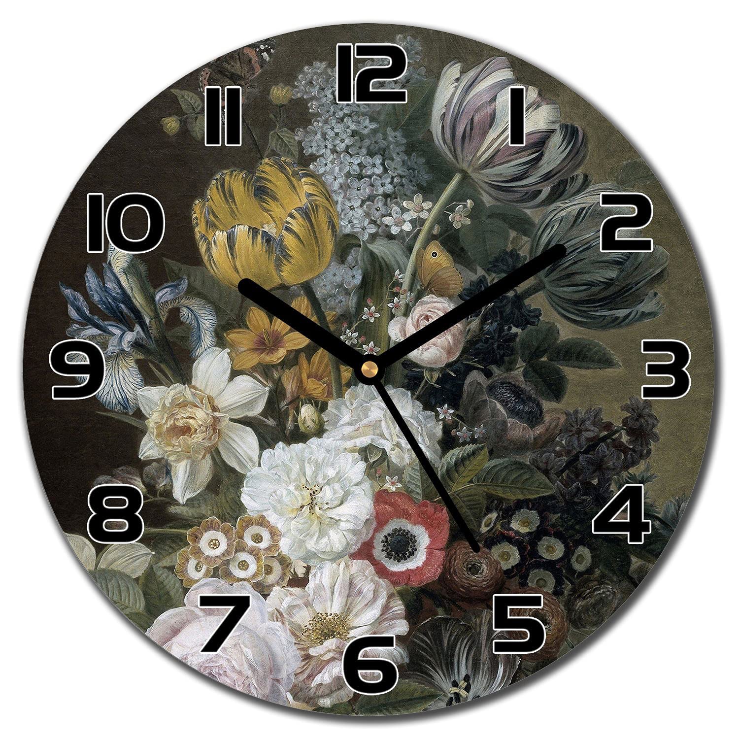 Horloge en verre lisible de 30 cm Flowersbouquet pour embellir un mur de salon sombre