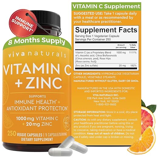 Vitamin C with Zinc (250 Veggie Capsules) - Vitamin C 1000mg and Zinc 20mg with Citrus Bioflavonoids and Rose Hips, Immune Support Supplement and Powerful Antioxidant