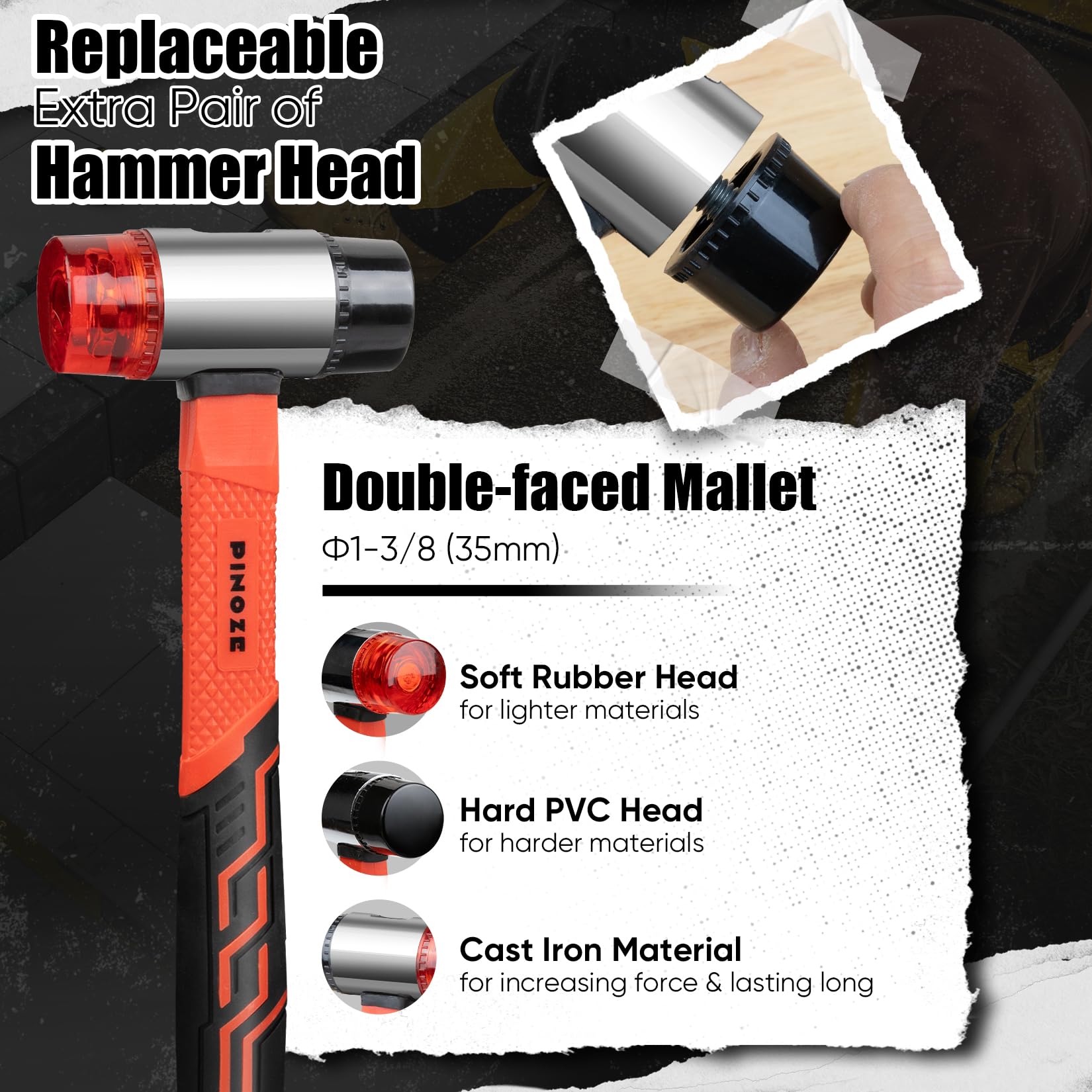 Pinoze Mallet Hammer Set - 2-Piece Rubber Mallets -5 Pinoze Mallet Hammer Set - 2-Piece Rubber Mallets -5