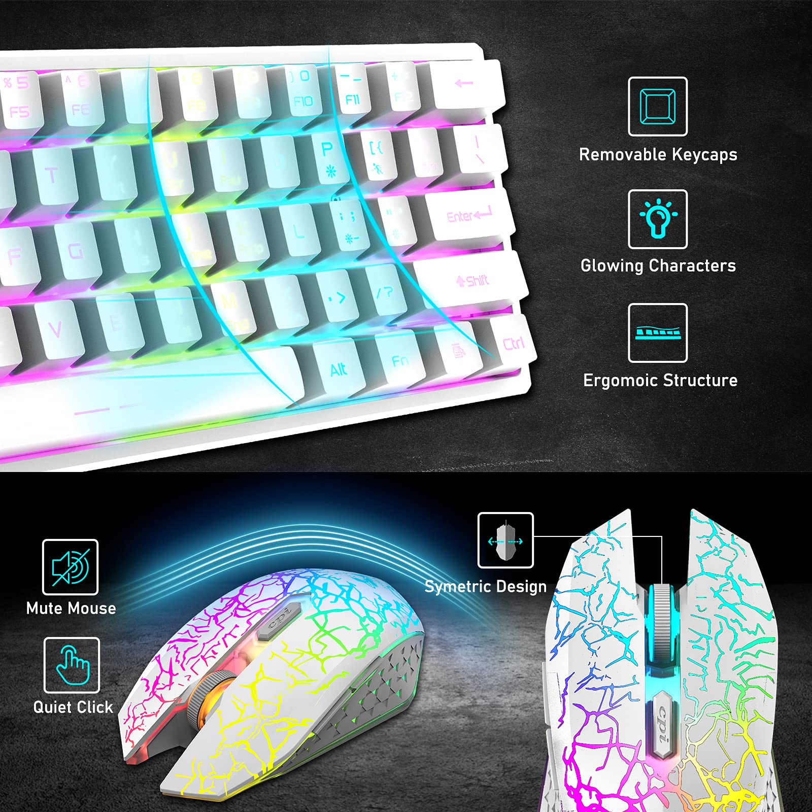 60% Kabellos Gaming Tastatur und Maus Combo Set 2,4 GHz Wiederaufladbare 3800 mAh 61 Tasten Kompakttastatur mit Rainbow LED Hintergrundbeleuchtung + 2400 DPI 6 Tasten Rainbow LED Silent Mouse (Weiß)