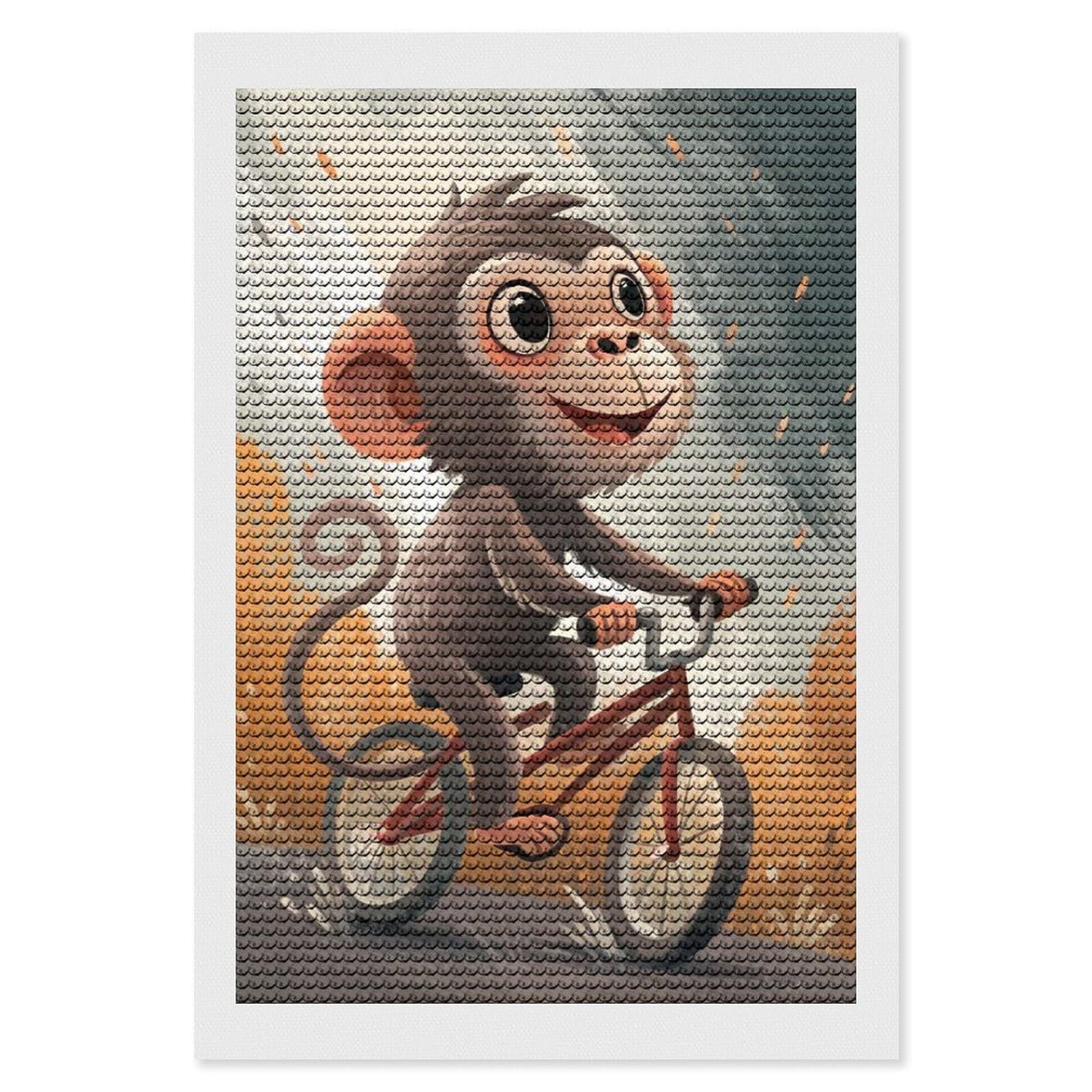 Junmoney Monkey on A Bicycle Illustration Diamond Art Kit 8"x12", for Beginners, Vintage Style Decor, Good for Quiet Evenings, Festive Craft Gift