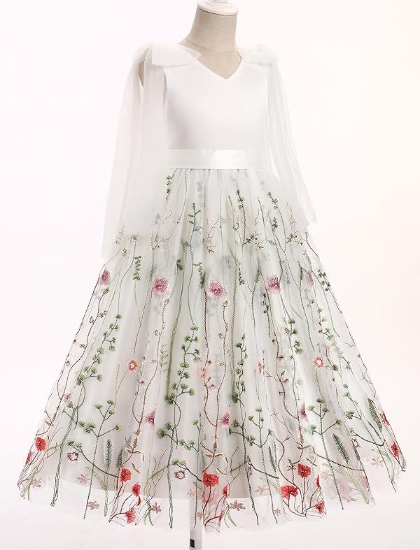Flower Girl Maxi Dress for Wedding Formal Bridesmaid Satin Top Floral Embroidered Tulle Skirt V Neck Tea Pageant Party First Communion Dresses Princess Backless Ball Evening Gown White 9-10 Years by IBAKOM - Image 4