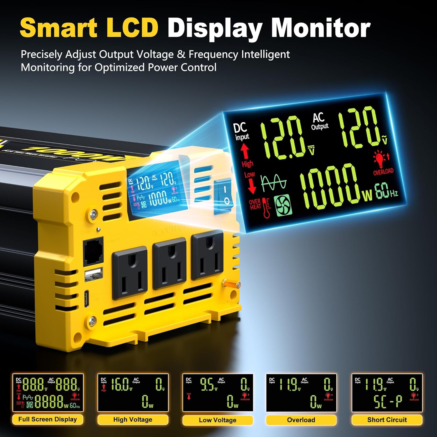 1000W Pure Sine Wave Inverter,12V DC to 120V AC–Powers Laptop,Tablet,Printer,Slow Cooker,Small Mixer,Car Refrigerator,Switch and PS5 with Led Display and Remote Monitoring