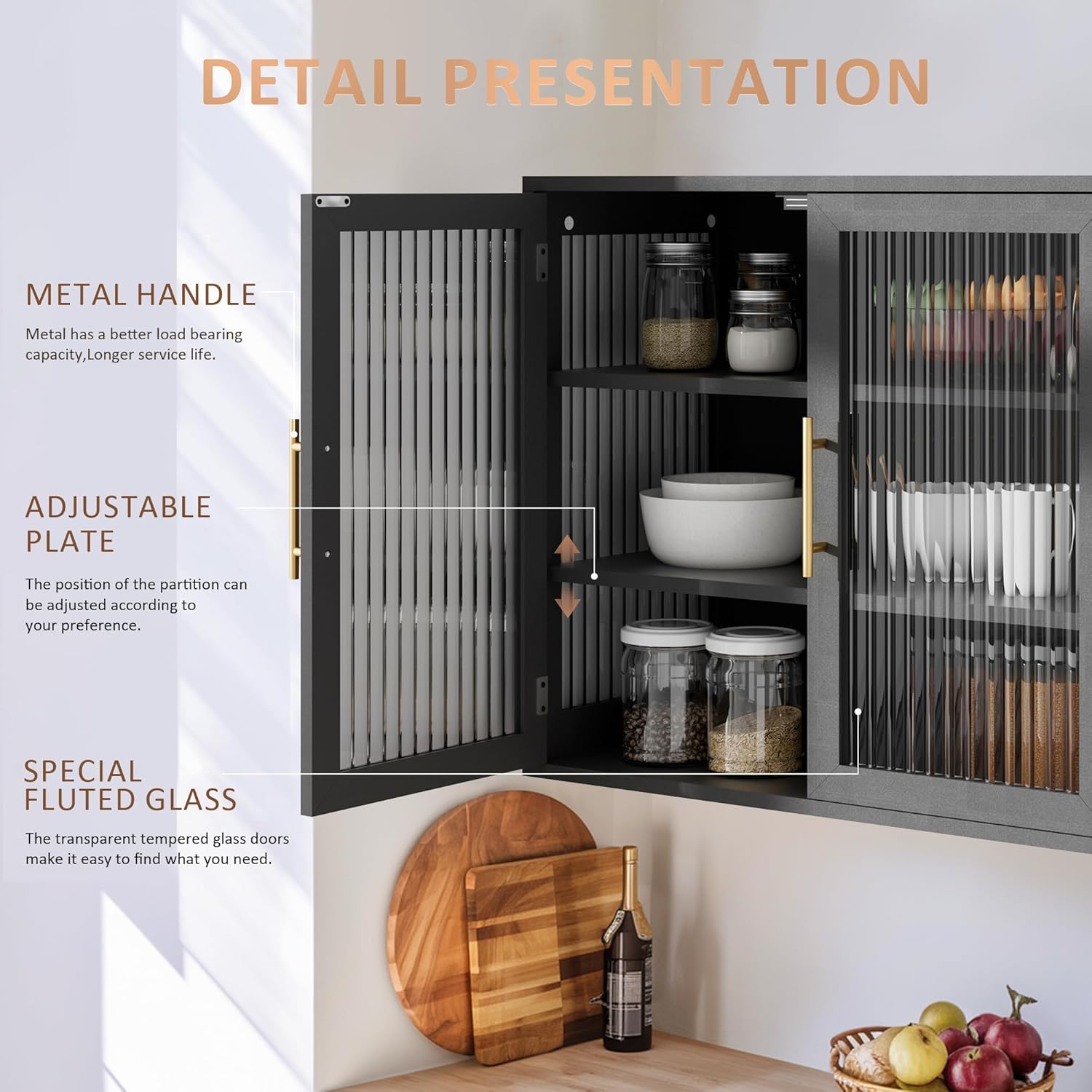 NEWOWNDS Kitchen Wall Cabinet Set, Black, Glass Doors, Floating with Adjustable Shelves for Bathroom, Dining Room, Laundry