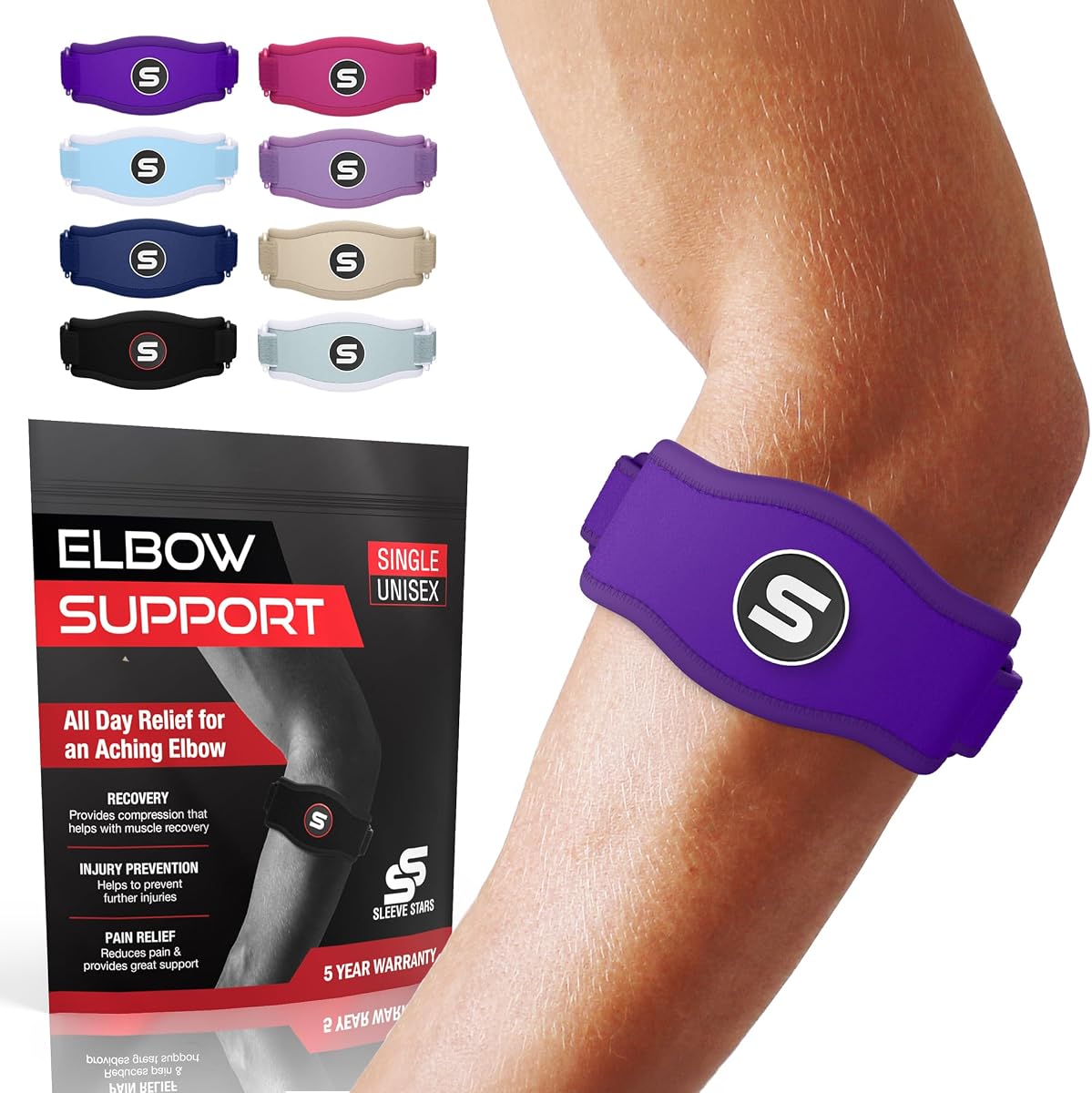 Sleeve Stars Codera de tenis para hombres y mujeres, codera para tendinitis, correa de codo de tenis, codera de golfistas, envoltura de soporte de codo para alivio del codo de tenista, se adapta a 9"-23" (individual/púrpura oscuro)