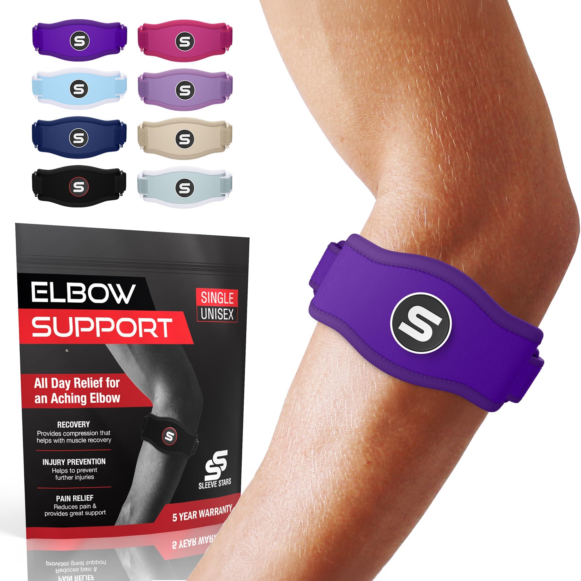 Sleeve Stars Tennis Elbow Support Strap, Golfers Elbow Support for Men & Women Epicondylitis Clasp, Counterforce Arm Band for Tendonitis Relief & Support, w/ 3 Straps Length, Fits 9"-23" (Dark Purple)