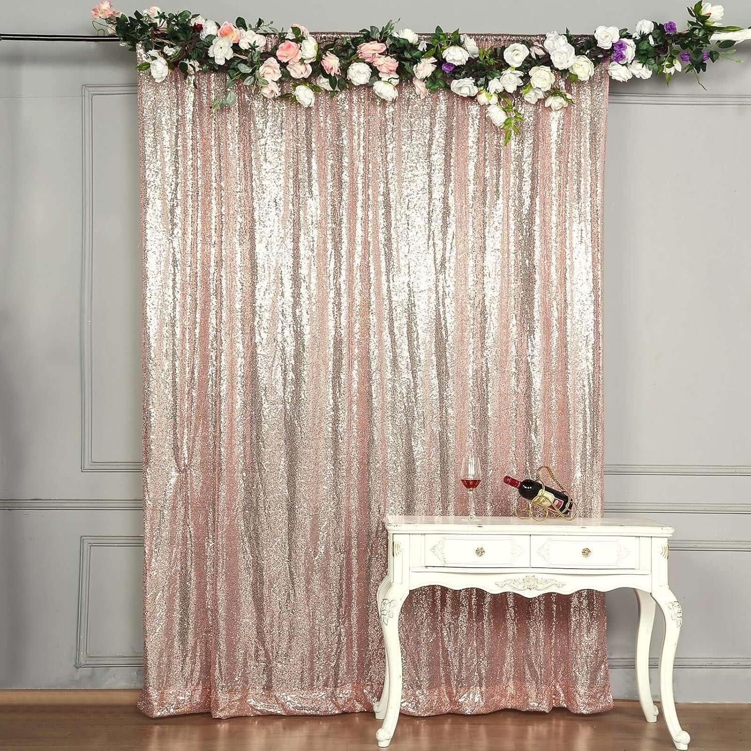 Efavormart 8ft Blush/Rose Gold Sequin Photo Booth Backdrop Photography Backdrop with Rod Pockets