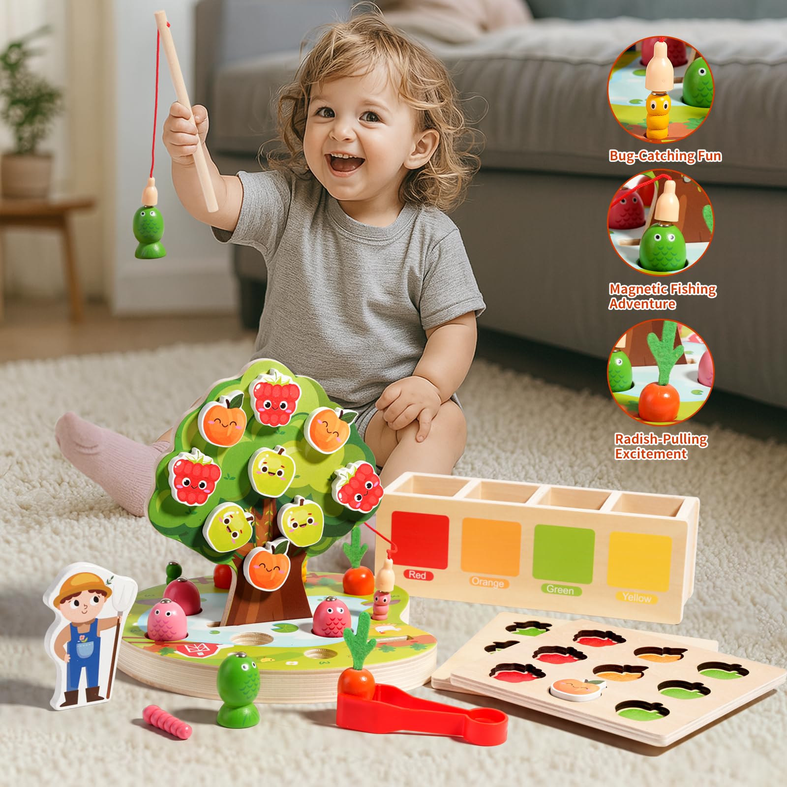 INIFEIDALA - Jouet sensoriel Montessori en bois pour enfants de 3 à 4 à 5 ans, trieur de couleurs, kit de récolte de carottes, pêche magnétique, jouet de motricité fine