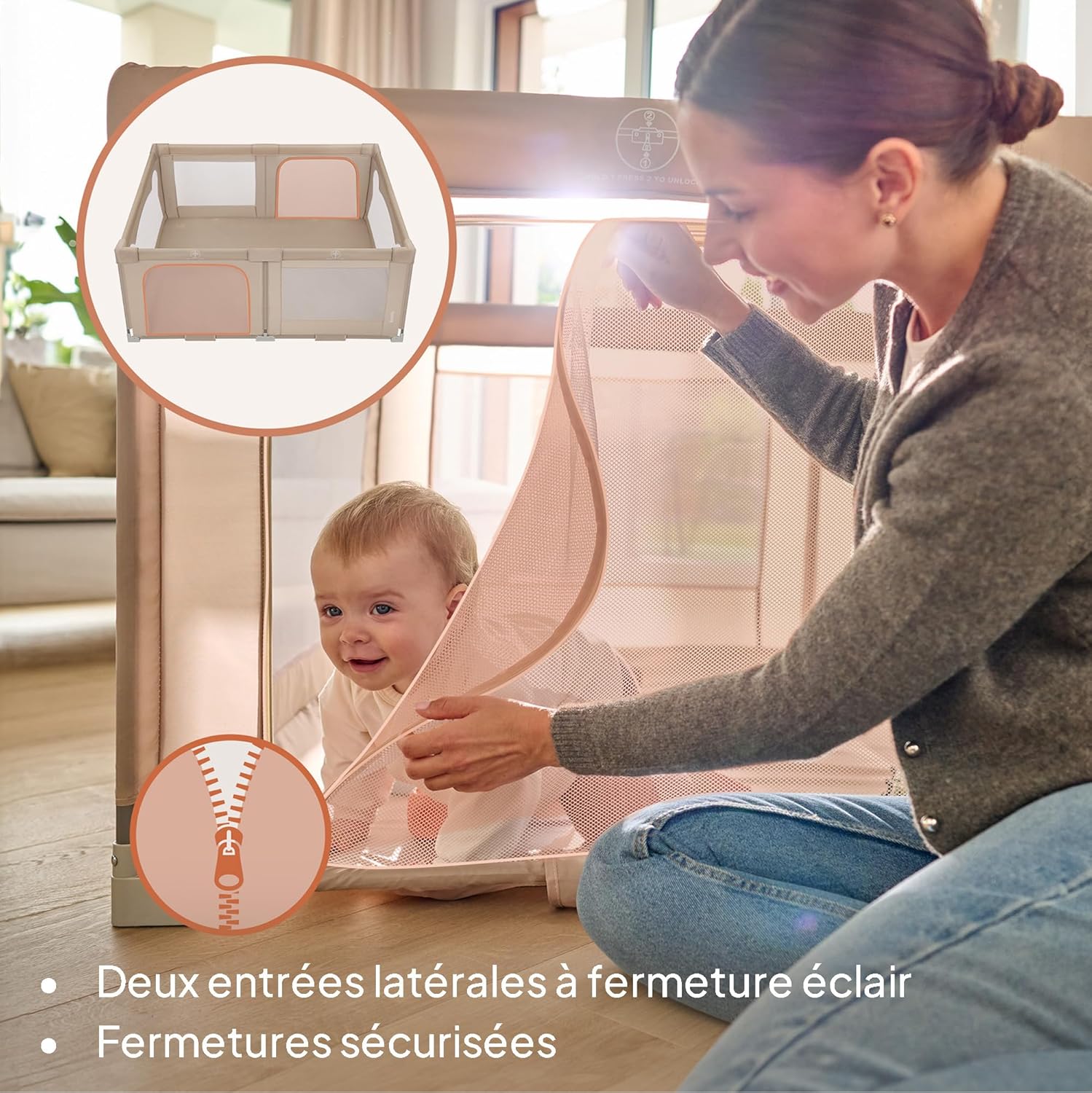 Close-up of the zippered entrance on the playpen with a baby looking out.