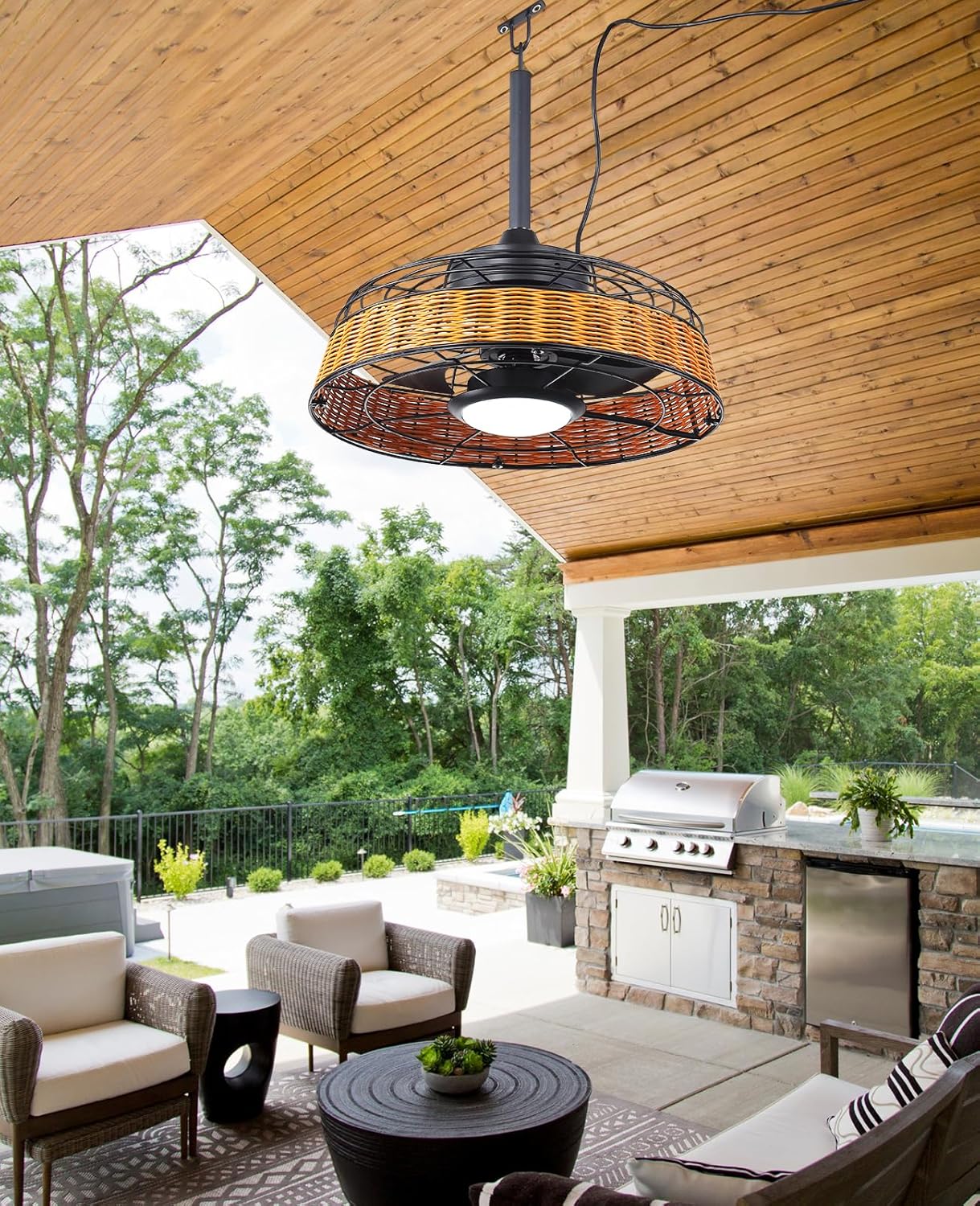 FELCO 20 Inch Outdoor Ceiling Fan with Light and Remote — Waterproof Plug in Caged Gazebo Fan for Outside Patio Pergola Porch, Boho Woven Frame, Reversible Quiet DC Motor, 15W Dimmable LED Lighting