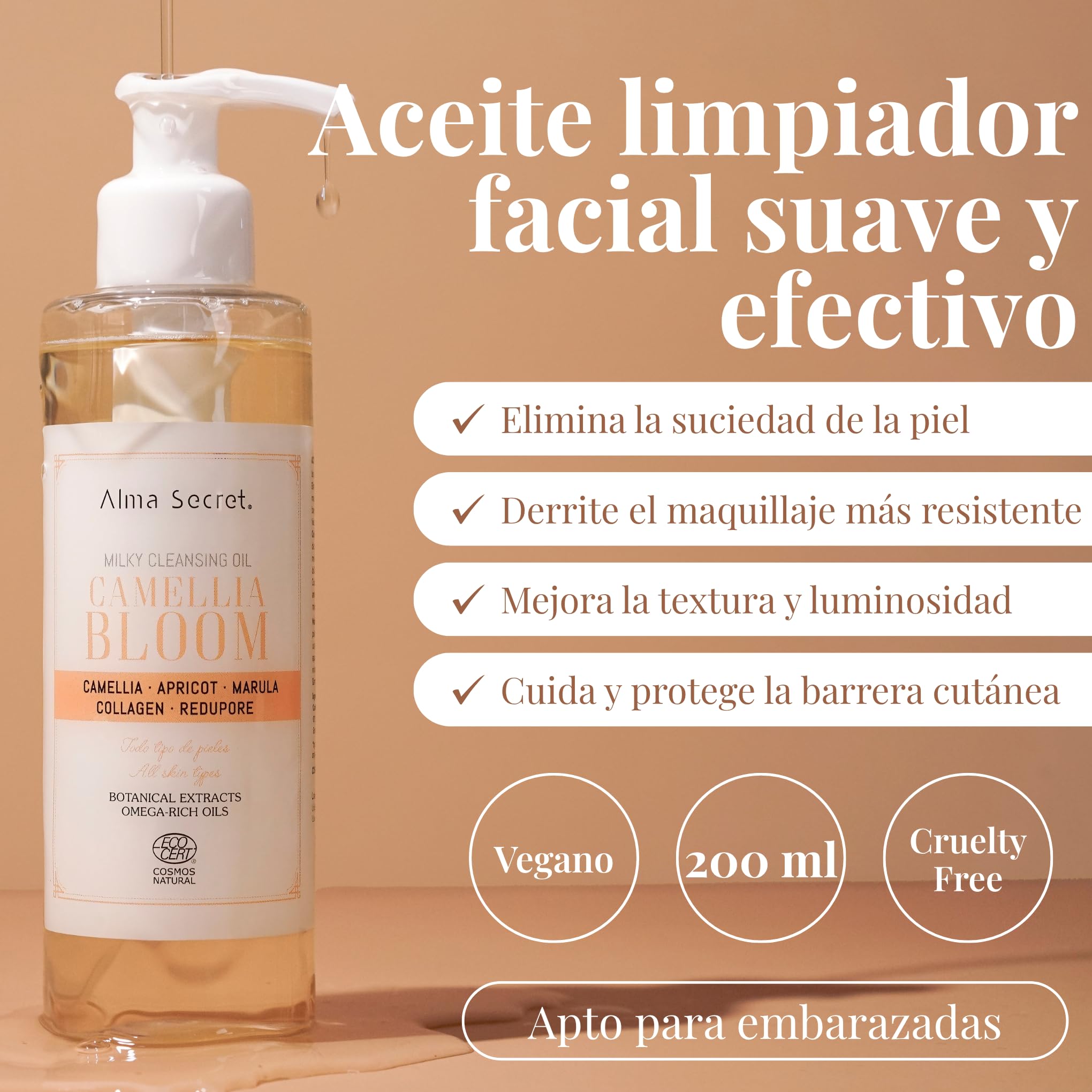 Alma Secret | Aceite Limpiador Facial Desmaquillante Camellia Bloom | Oil Cleanser Doble Limpieza | Elimina Maquillaje Waterproof e Impurezas | Oil to Milk | Afina Poros | Todo Tipo de Pieles | 200 ml