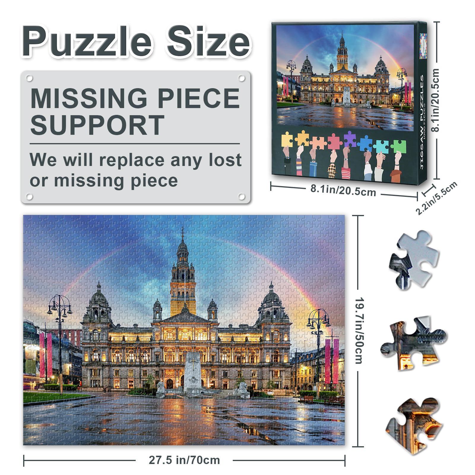 1000 Piece Jigsaw Puzzle for Adults Rainbow over Glasgow City Puzzle 50x70cm Chambers and George Square Scotland Challenging Puzzles Coolest Adult Puzzles Unique Gift - Image 3