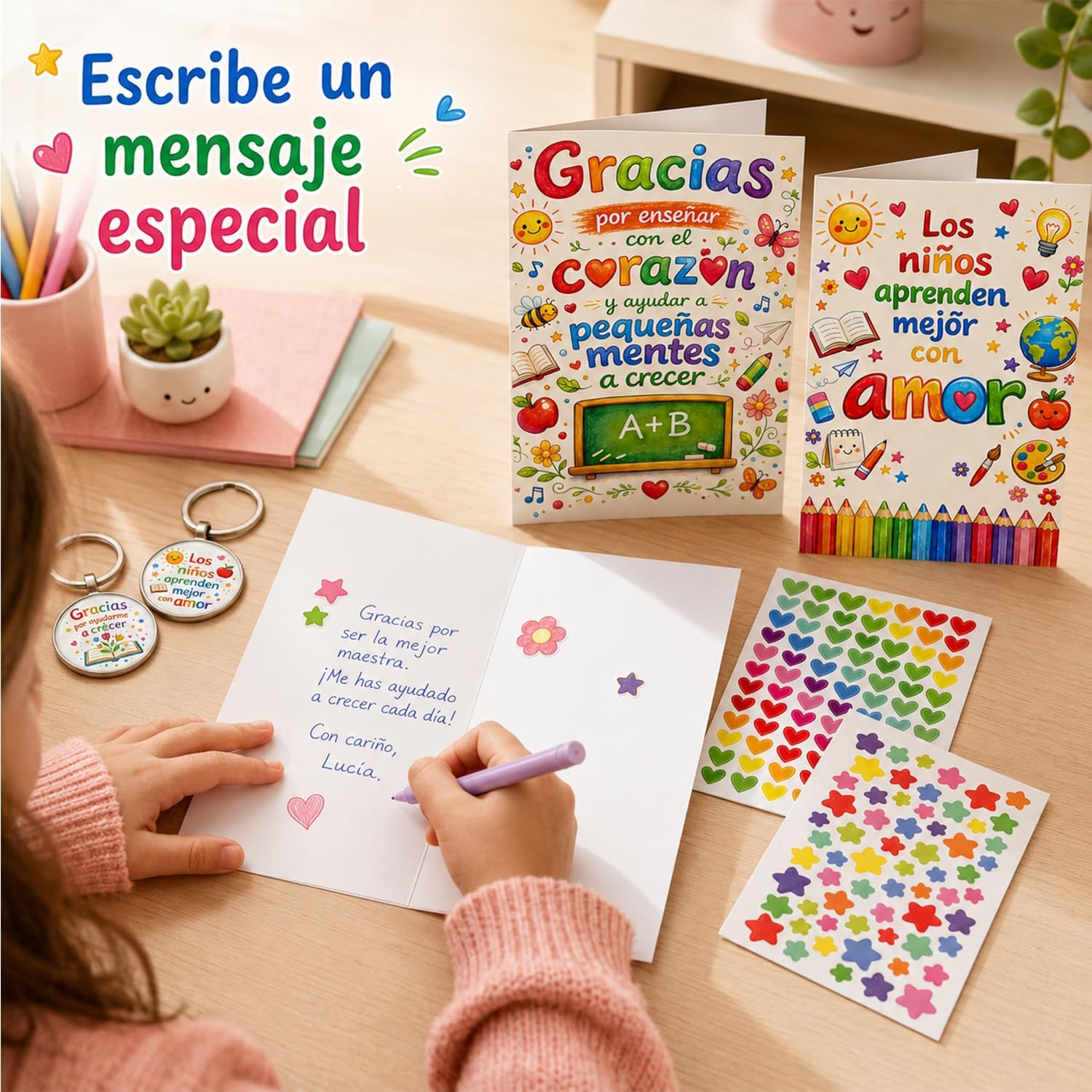 Set de 3 Llaveros con Tarjetas de Agradecimiento para Profesores, Regalo Original Fin de Curso