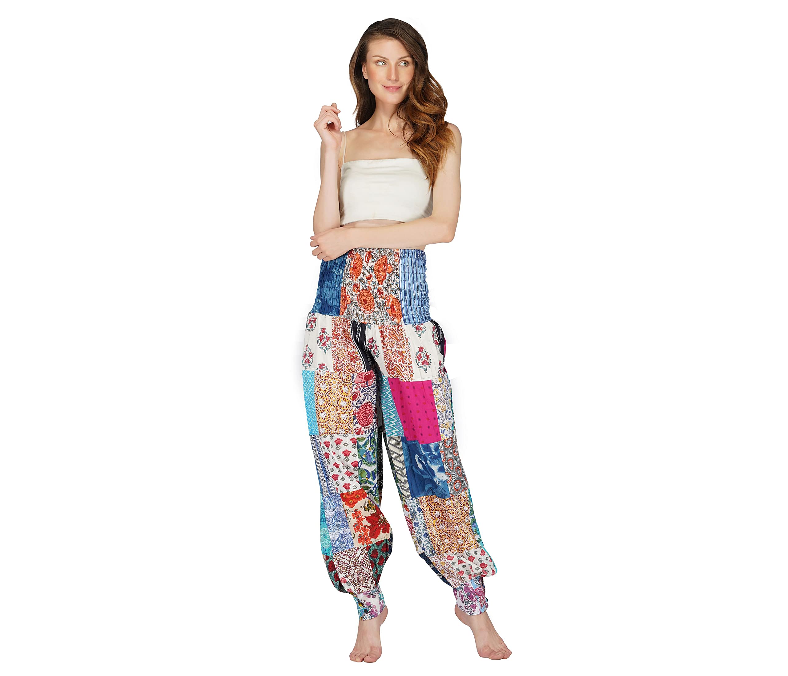suvasana Men's & Women's Loose Fit Smoking Waist Patch Work Yoga Wide Leg Harem Pants-picture-21