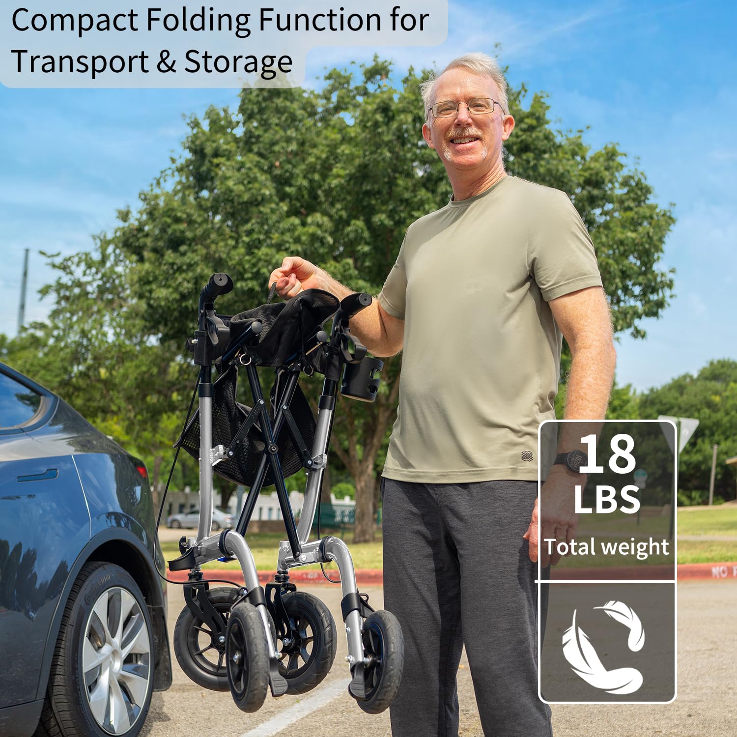 Deambulatore pieghevole con imbottitura, borsa per la spesa e supporto per bastone – regolabile in altezza, leggero e sottile per anziani – Passeggino con freno, 10"/8" ruote All-Terrain, alluminio