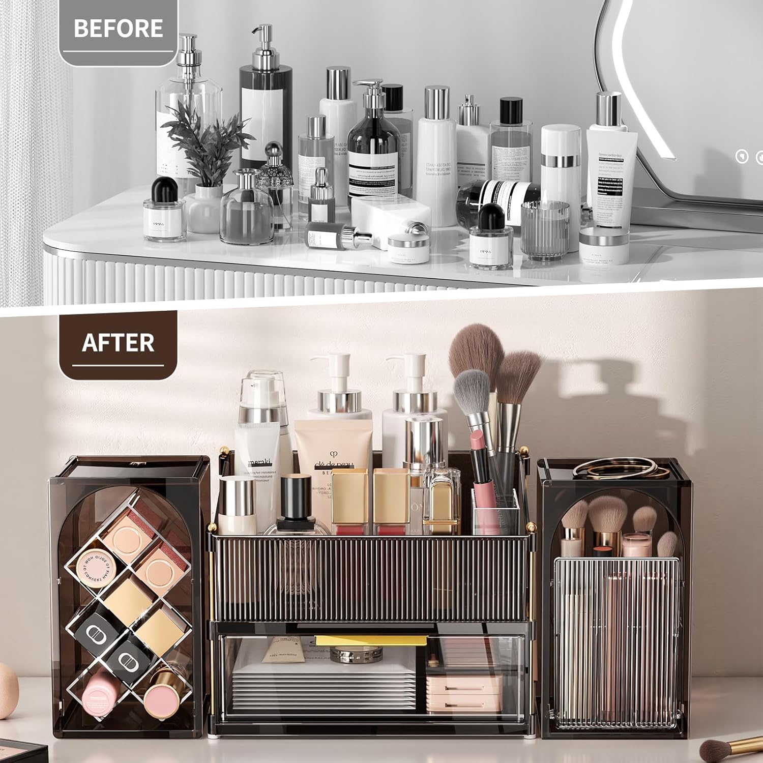 Stackable Makeup Organizer Countertop, Storage Perfume Skincare Cosmetic Lipstick Face Mask Makeup Brush Palettes, Ideal for Vanity Bathroom Counter