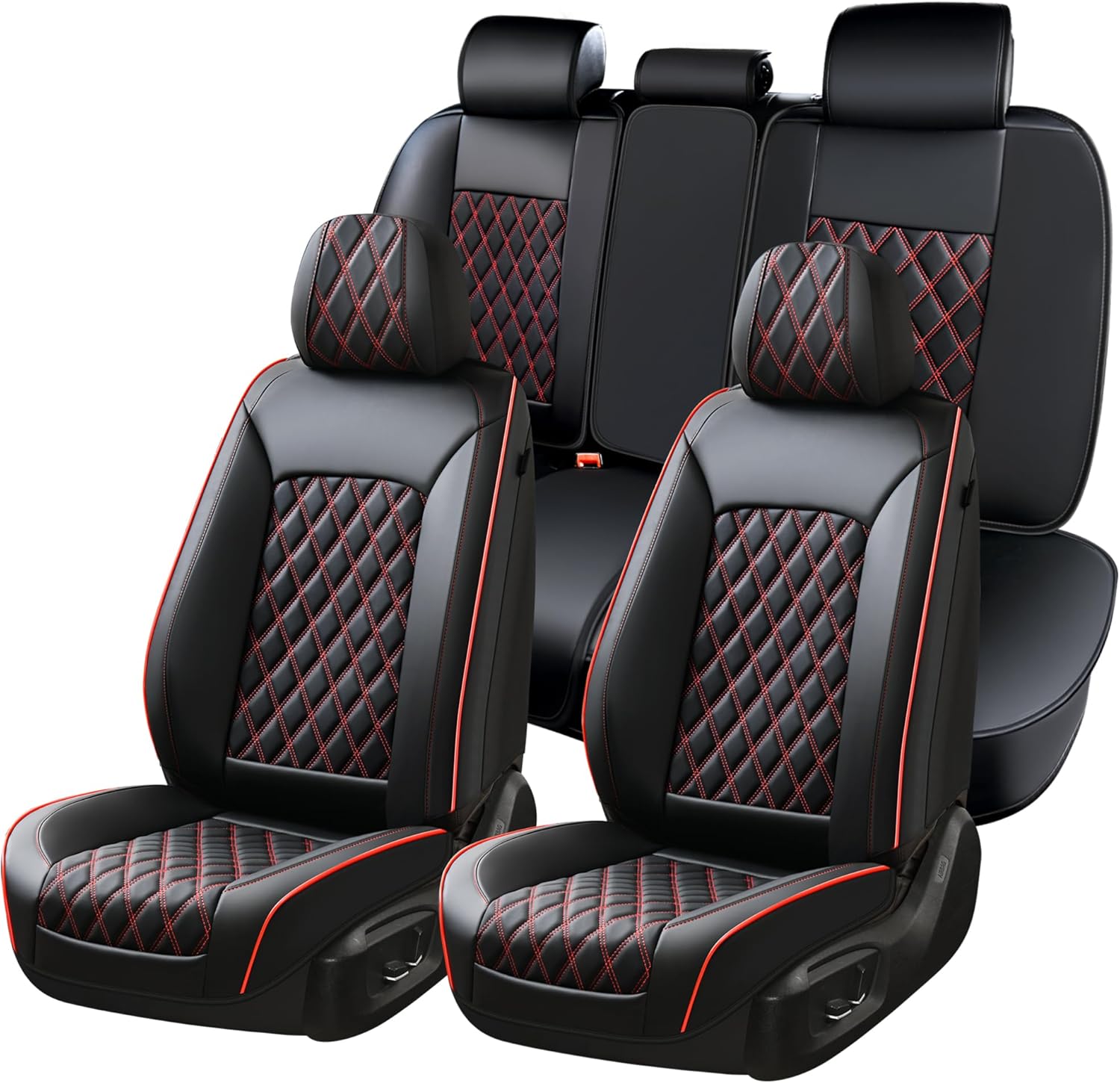 Huidasource Seat Covers, Nappa Leather Car Seat Covers, Velcro Adjustable, Compatible with Airbags, Armrests, Child Seat, Seat Belts, Fit for Most Cars, Vans, Trucks, SUVs (Full Set/Black&Red)