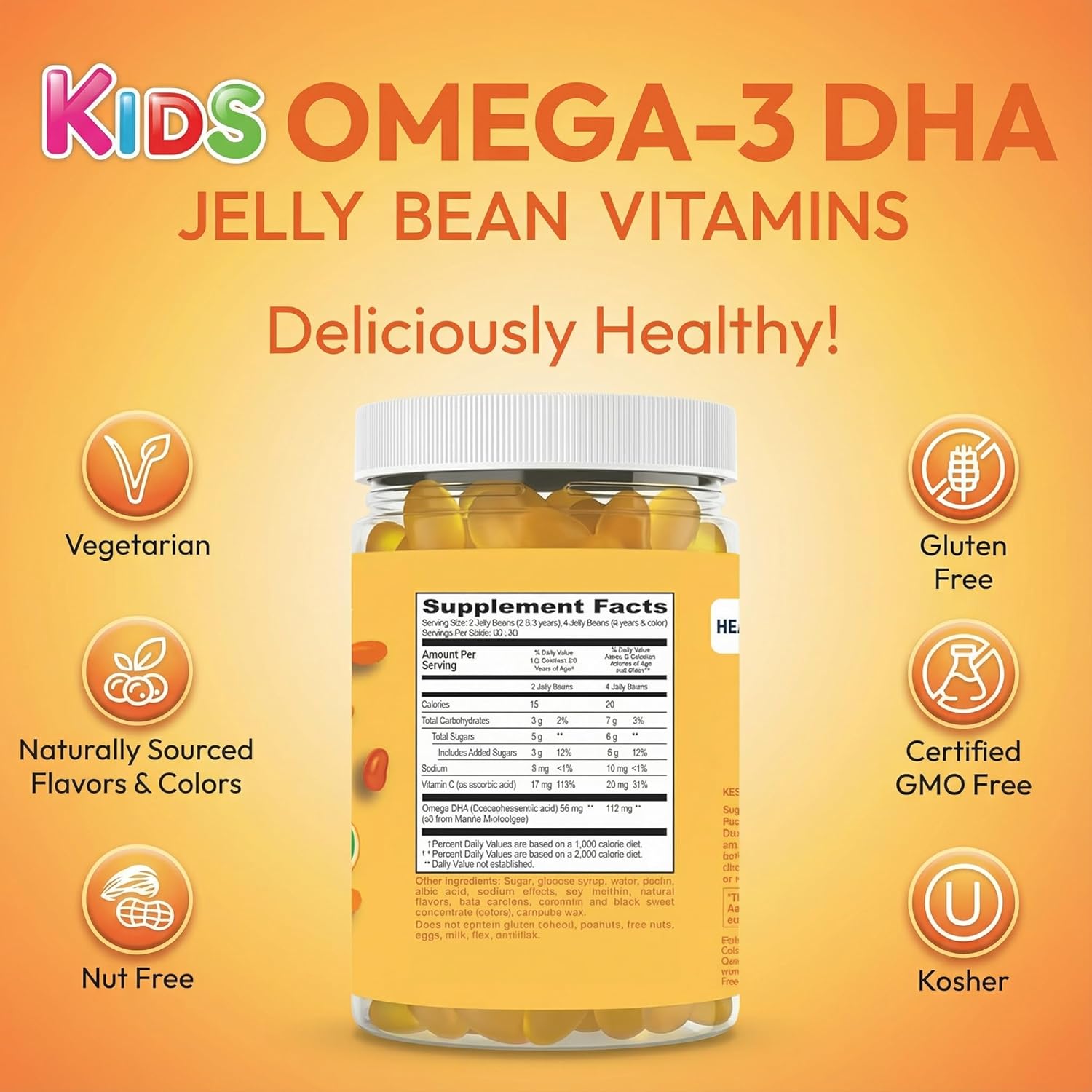 Kids Vegan Omega 3 Gummies, Jelly Beans with DHA and Vitamin C, Brain and Immune Support for Children, Citrus Blast, 120 ct, Kosher, Gluten-Free - Image 7