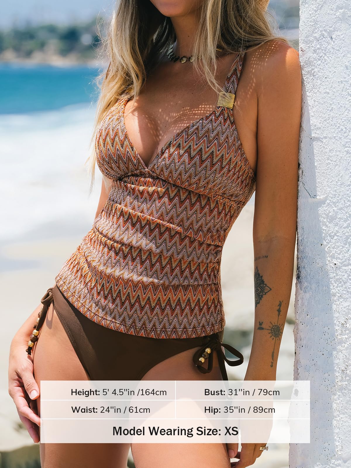 CUPSHE Tankini pour femme - Col en V - Deux pièces - Bretelles croisées réglables - Cordon de serrage texturé