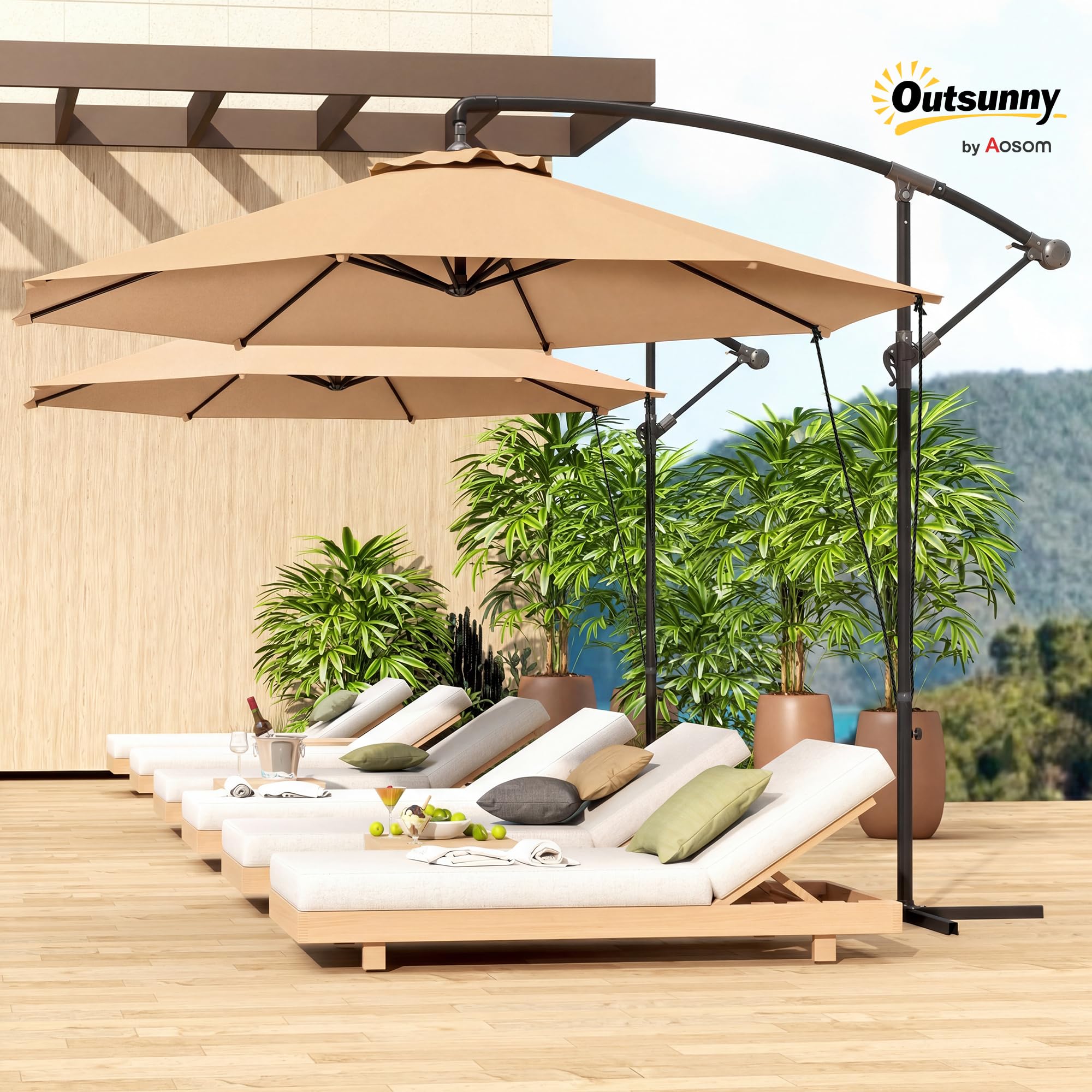 Outsunny Ombrellone Decentrato Ø3 m Ombrellone da Giardino UV 50+ Cachi | Prese d'Aria, Base a Croce e Manovella, Inclinabile e Girevole, Metallo e Poliestere 180 g/㎡