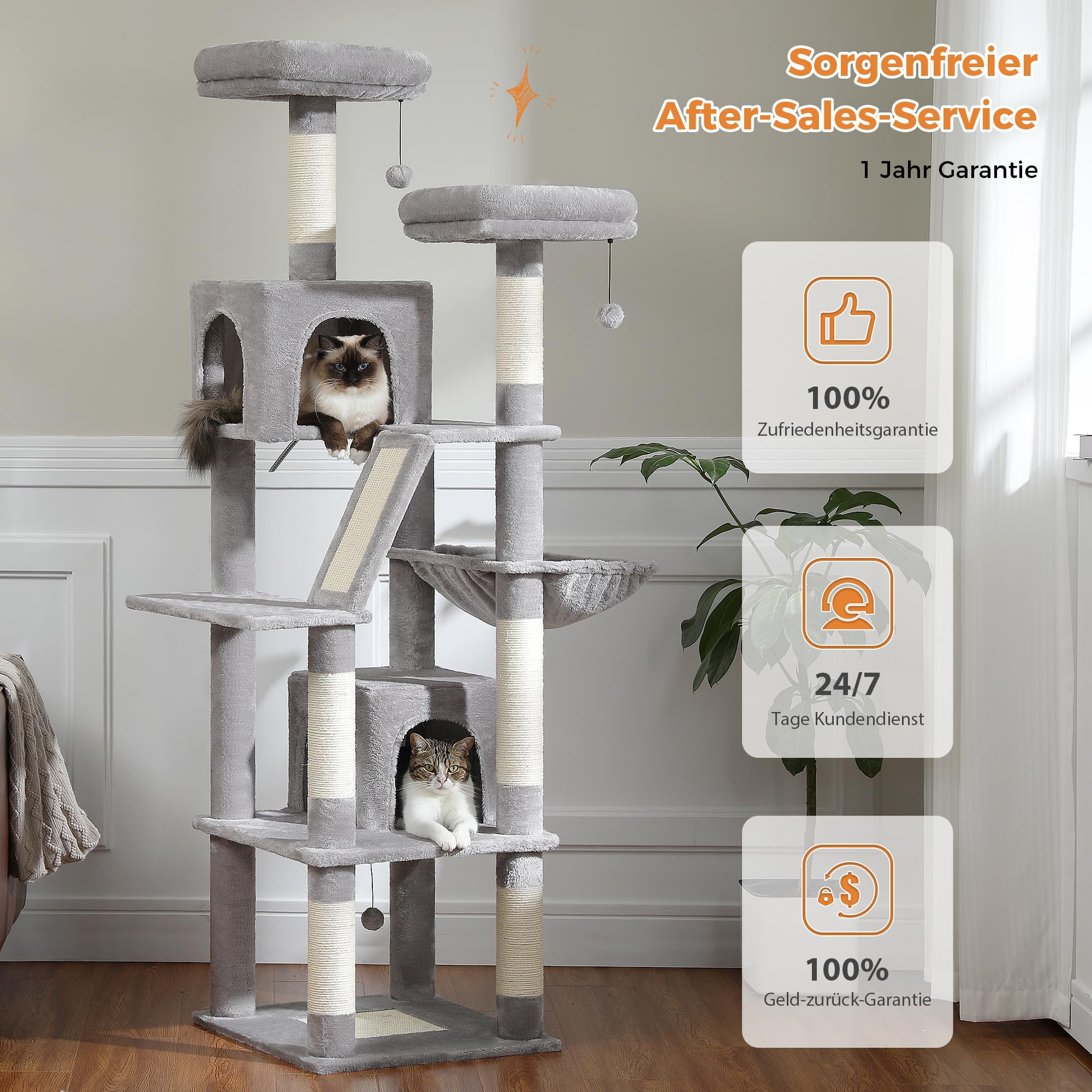 PETEPELA 180cm Kratzbaum groß, Multi-Level Katzenbaum für große Katzen, mit 6 Sisalsäule, 2 Kratzbrettern, 2 Plattformen, 1 Hängematte, 2 Spielbälle, Plüsch-Stoff, grau