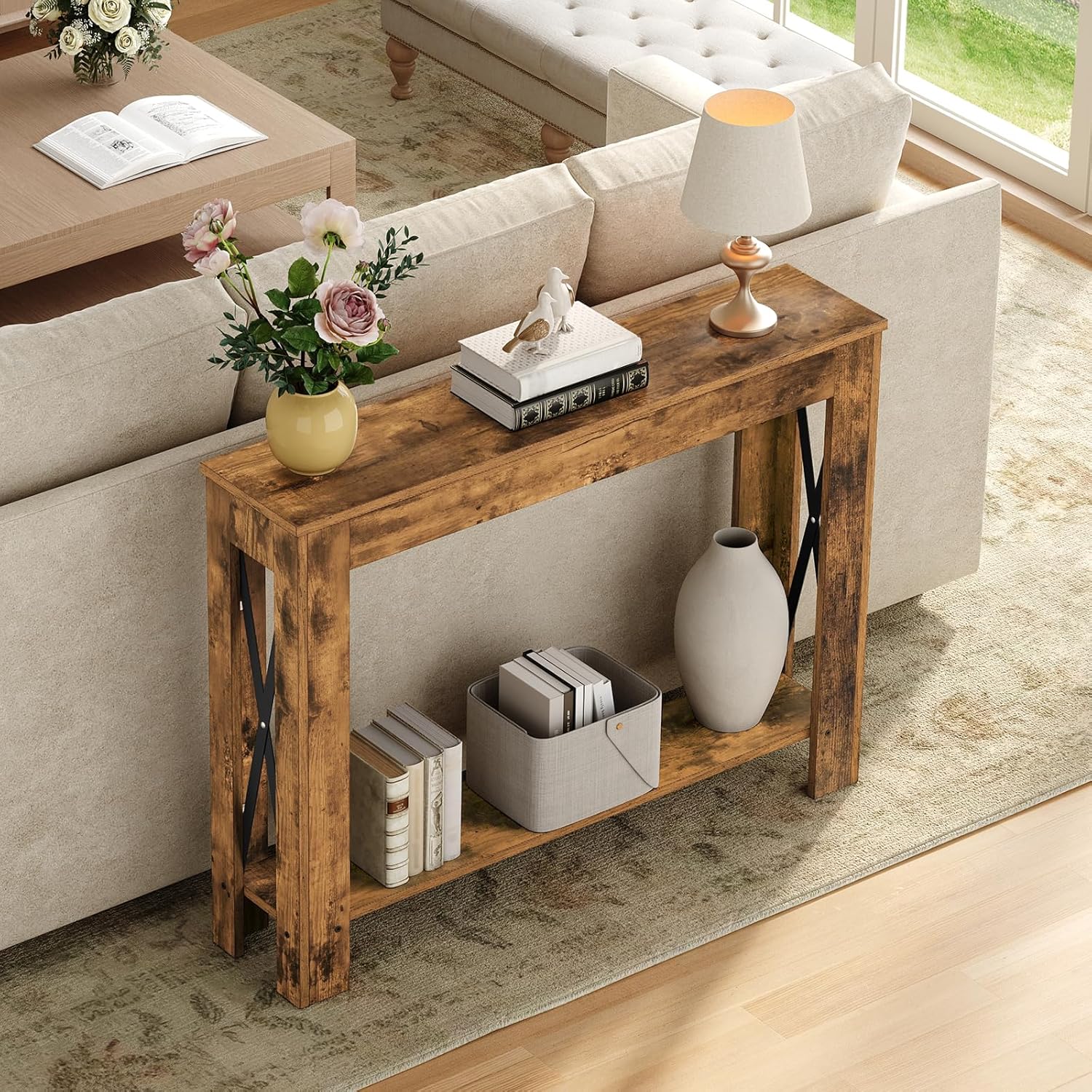 YATINEY Farmhouse Console Table with decor, viewed from above, next to a sofa.