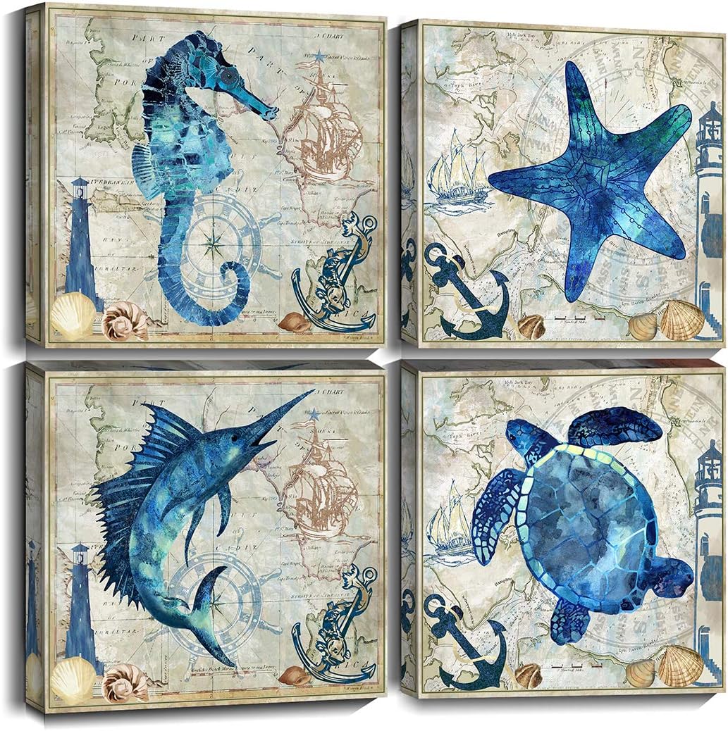 Oreichar Art Sea Turtle Wall Art Ocean Animals on Nautical Chart Painting Picture Retro Canvas Prints for Bedroom Bathroom Decoration (12"x12"x4pcs)