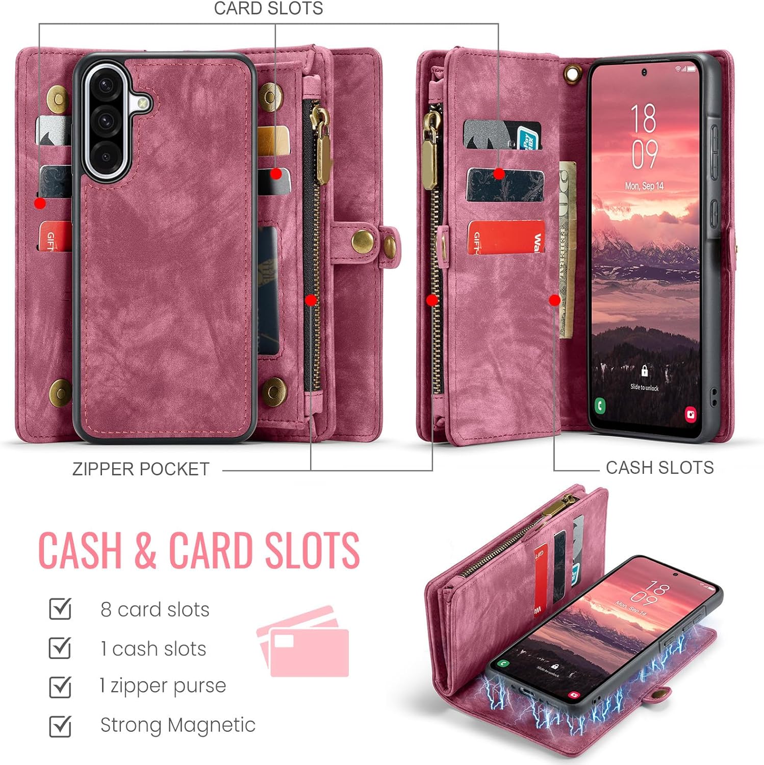 Asuwish Phone Case for Samsung Galaxy A36 5G Zipper Wallet Magnetic Detachable Cover with Tempered Glass Screen Protector and PU Leather Flip Credit Cash Card Holder Cell A 36 36A LTE Women Men Red