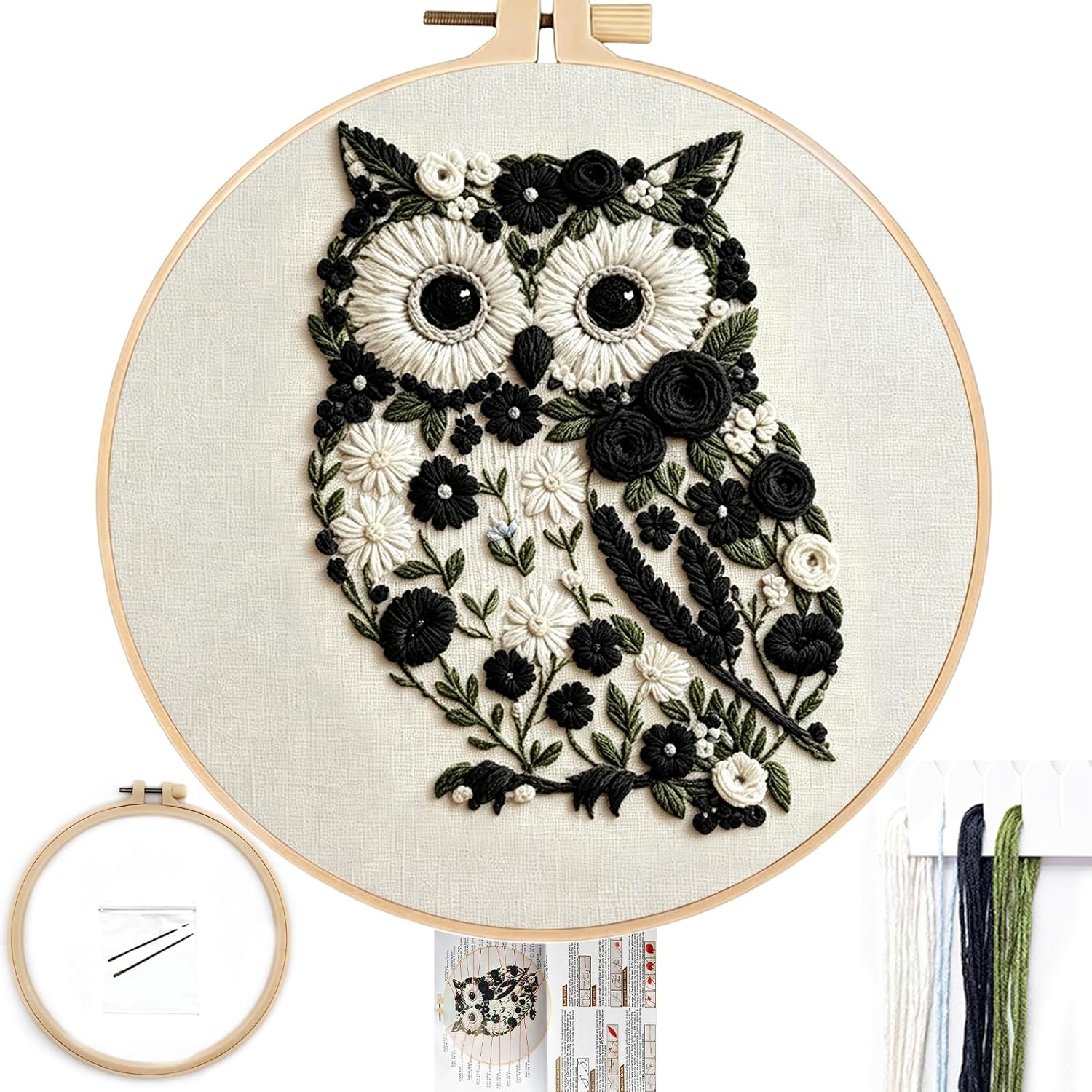 FONNUY Floral Owl Embroidery Kit for Beginners, DIY Handmade Flower Animal Embroidery Set with Hoop, Stamped Cross Stitch Kit for Adults, Unique Home Wall Art Decor & Craft Gift (Colorful)