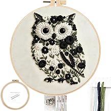 FONNUY Floral Owl Embroidery Kit for Beginners, DIY Handmade Flower Animal Embroidery Set with Hoop, Stamped Cross Stitch Kit for Adults, Unique Home Wall Art Decor & Craft Gift Black