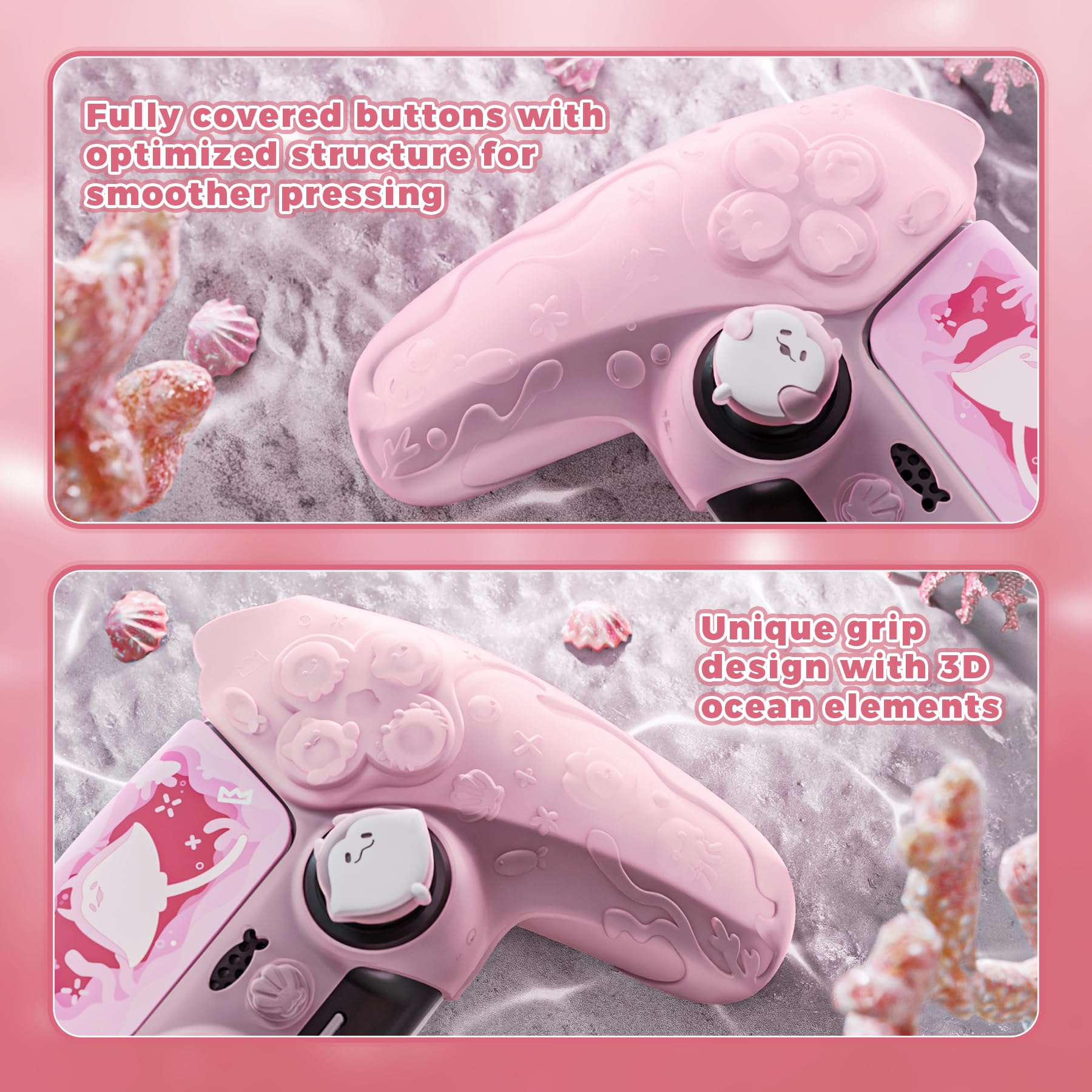 PlayVital Funda de Silicona Semitransparente para ps5 Mando - Serie Cute Ocean Whisper, Carcasa Protectora con Tapas para Joysticks y Pegatina, Compatible con Base de Carga (Rosa Melocotón)