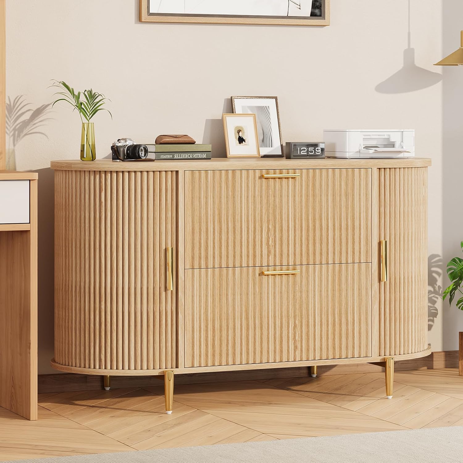 SEDETA 2 Drawer File Cabinet, 39.4" Filing Cabinet for Home Office, fit Legal/Letter/A4 Size, Modern Fluted Filing Cabinets with 2 Sliding Door Storage, Printer Stand, Natrual