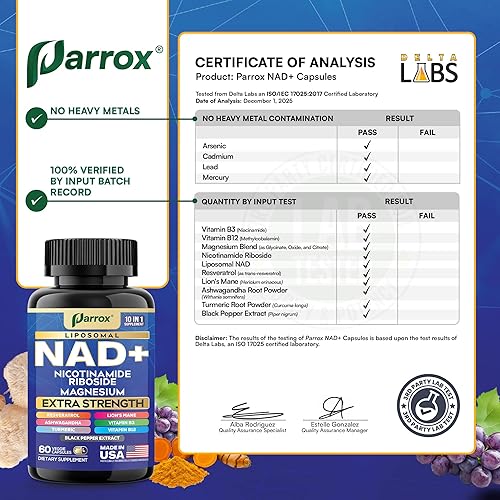 Miniatura 8 de Suplemento NAD+ con NAD liposomal, ribósido de nicotinamida, magnesio, vitamina B3 y B12, resveratrol, cúrcuma, Ashwagandha, melena de león,