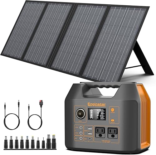 EnginStar Generador solar de 300 W con panel solar de 60 W, banco de energía portátil de 80000 mAh, salida de CA para exteriores, camping, uso de