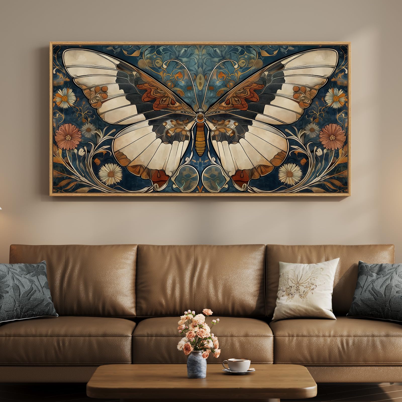 Photo 1 of Framed Vintage Butterfly Wall Art for Living Room, Extra Large Horizontal Canvas Artwork Decor, Retro Rustic Picture Print Painting for Bedroom Hallway 60x30 Inch