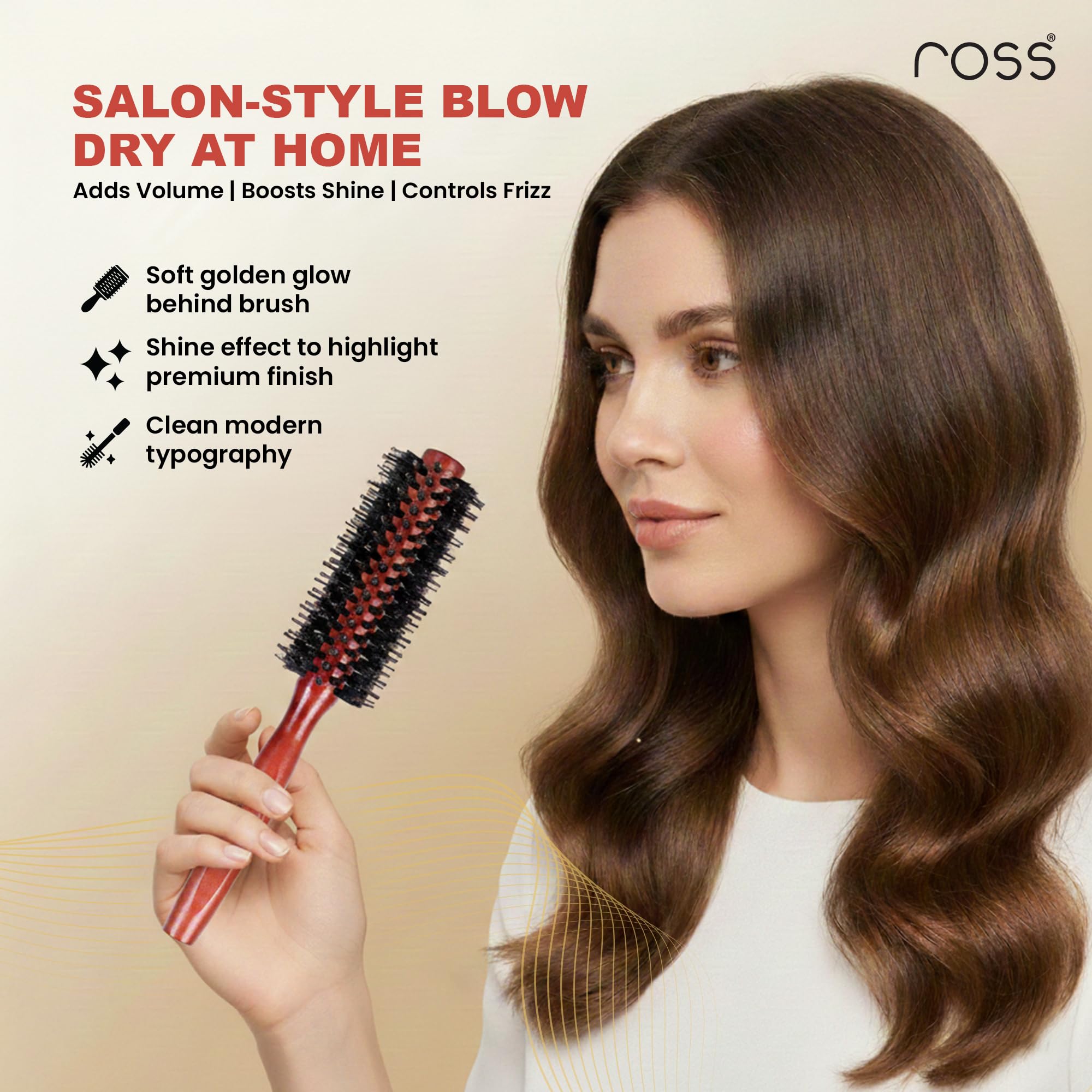 Ross Round Hair Brush with Natural Boar Bristles & Nylon Pins | Professional Blow Dry Styling Brush for Volume, Curl & Shine | Frizz Control | Wooden Handle | For Men & Women