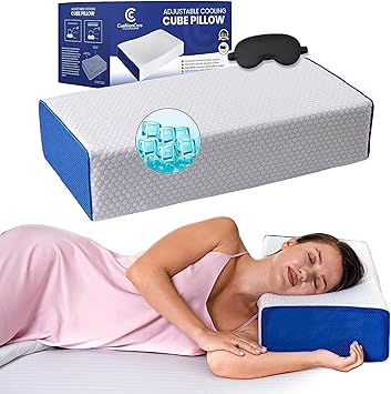 Cube Pillow for Side Sleepers Adjustable Height 45" Cooling Memory Foam Cervical Pillow for Neck & Shoulder Pain Relief Rectangular Pillow with Washable Ventilated Cover & Sleeping Mask