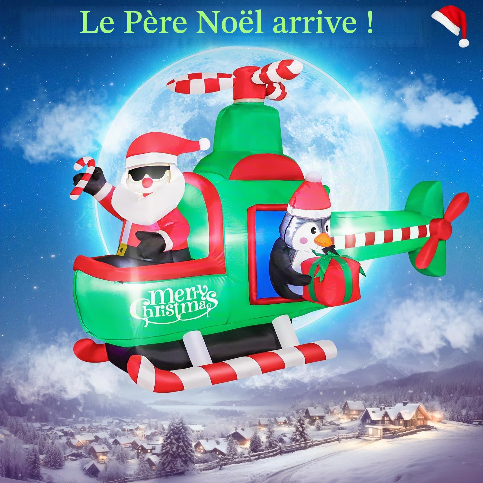 195 cm Père Noël gonflable avion pingouin avec lumières LED, intérieur/extérieur, fête, Noël, décorations de jardin gonflables