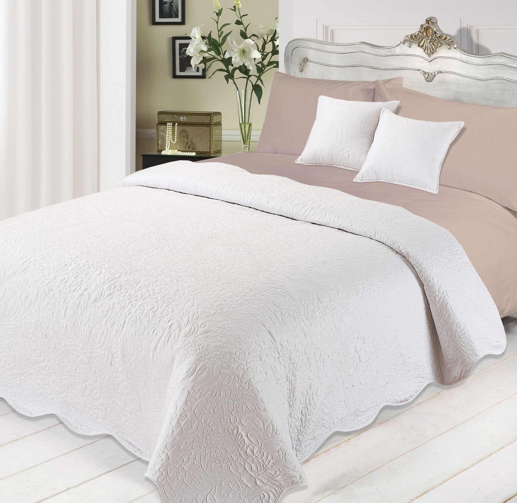 Dreamscene Luxurious Quilted Bedspread Comforter Cushions Set, Polyester, White, 3-Piece